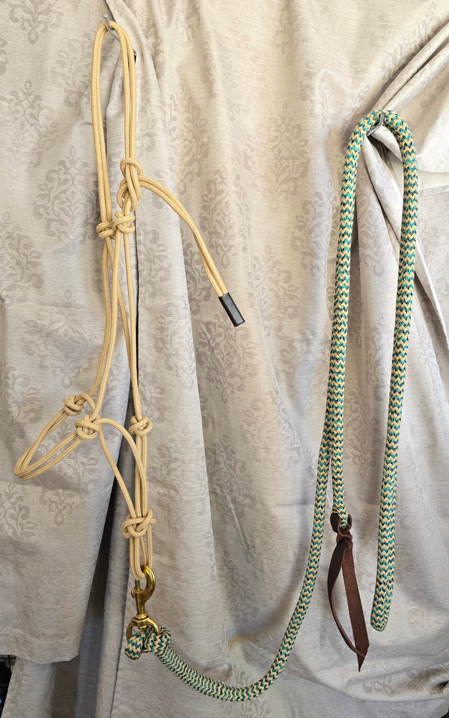 Handmade Arabian Rope Halter & Lead Rope Set — Natural/Teal, 10' Brass Snap