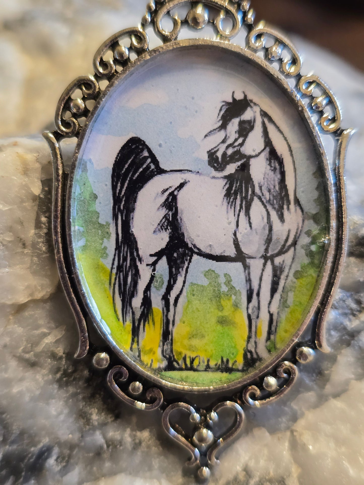 Summer Grace — Hand-Painted Arabian Horse Portrait Pendant, Sterling Silver Setting