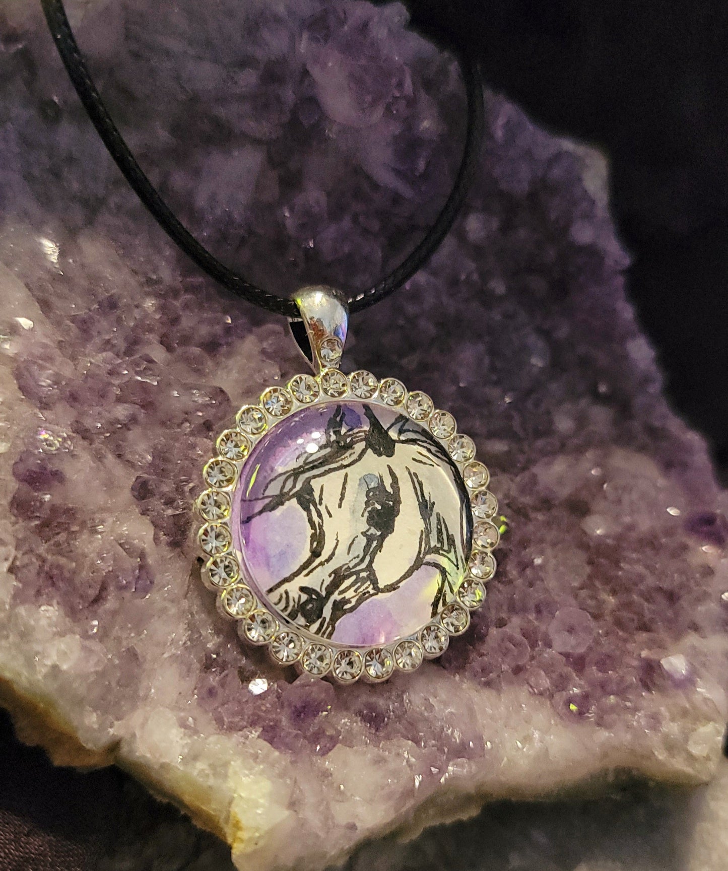 Original Watercolor Horse Pendant – Rhinestone & Glass