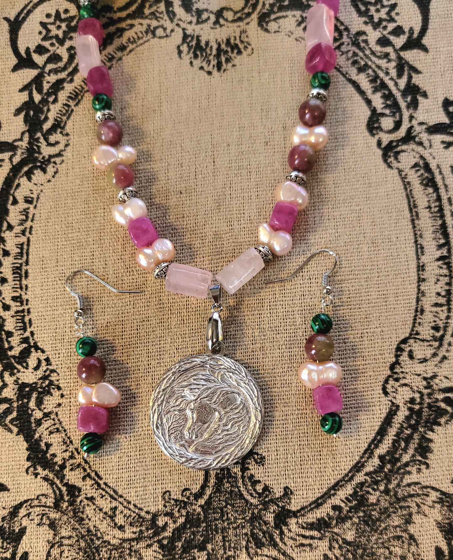 Pewter Arabian Horse Rose Quartz Gemstone Necklace Set earrings