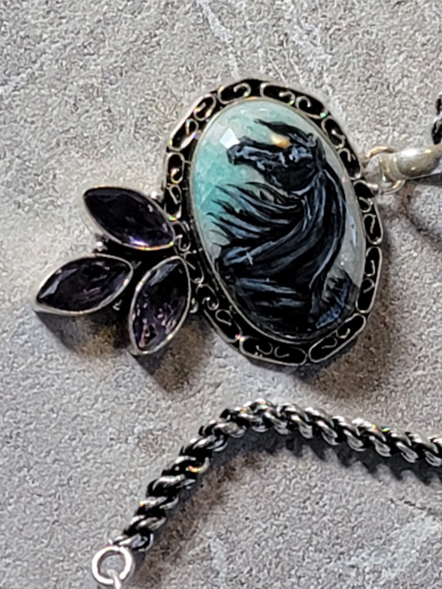 Black Arabian Horse Hand Painted Gemstone Sterling Silver Necklace