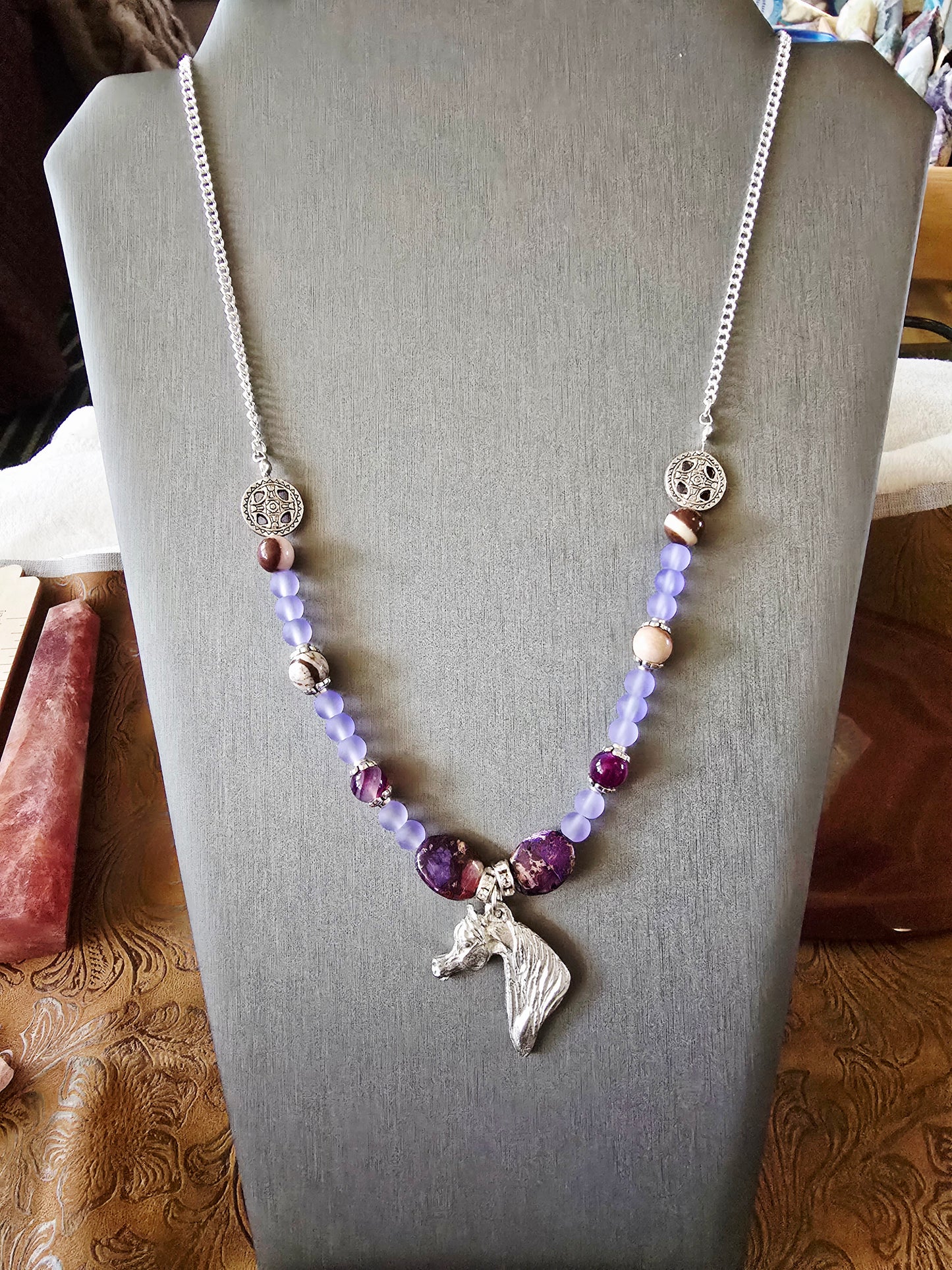 Pewter Arabian Horse Head Beaded Necklace — Purple Emperor Stone & Frosted Purple Chalcedony, 25"