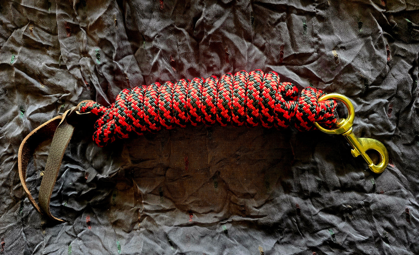 Handcrafted 10' Lead Rope with Leather Popper — Red & Black