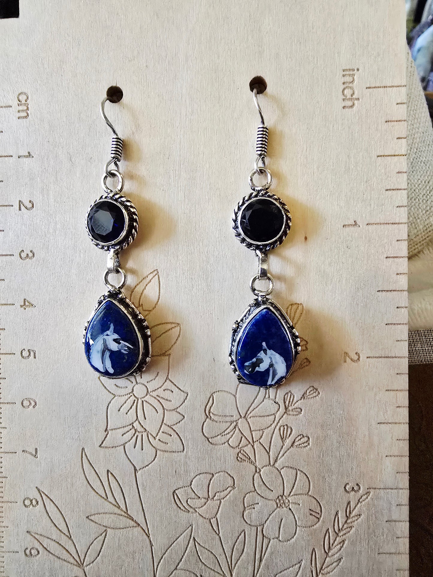 Hand-Painted Arabian Horse Earrings — Lapis Lazuli & Black Sapphire