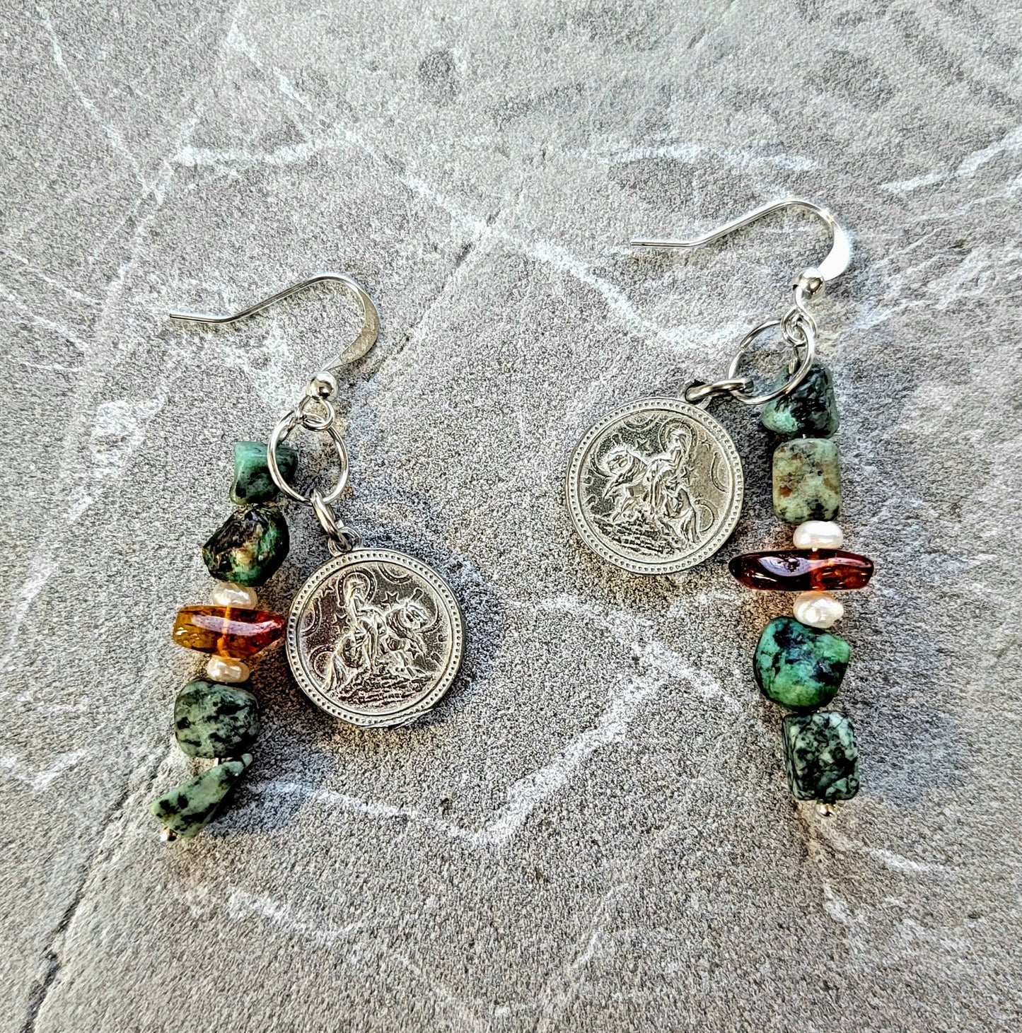 Reining Horse Pewter Charm Gemstone Earrings