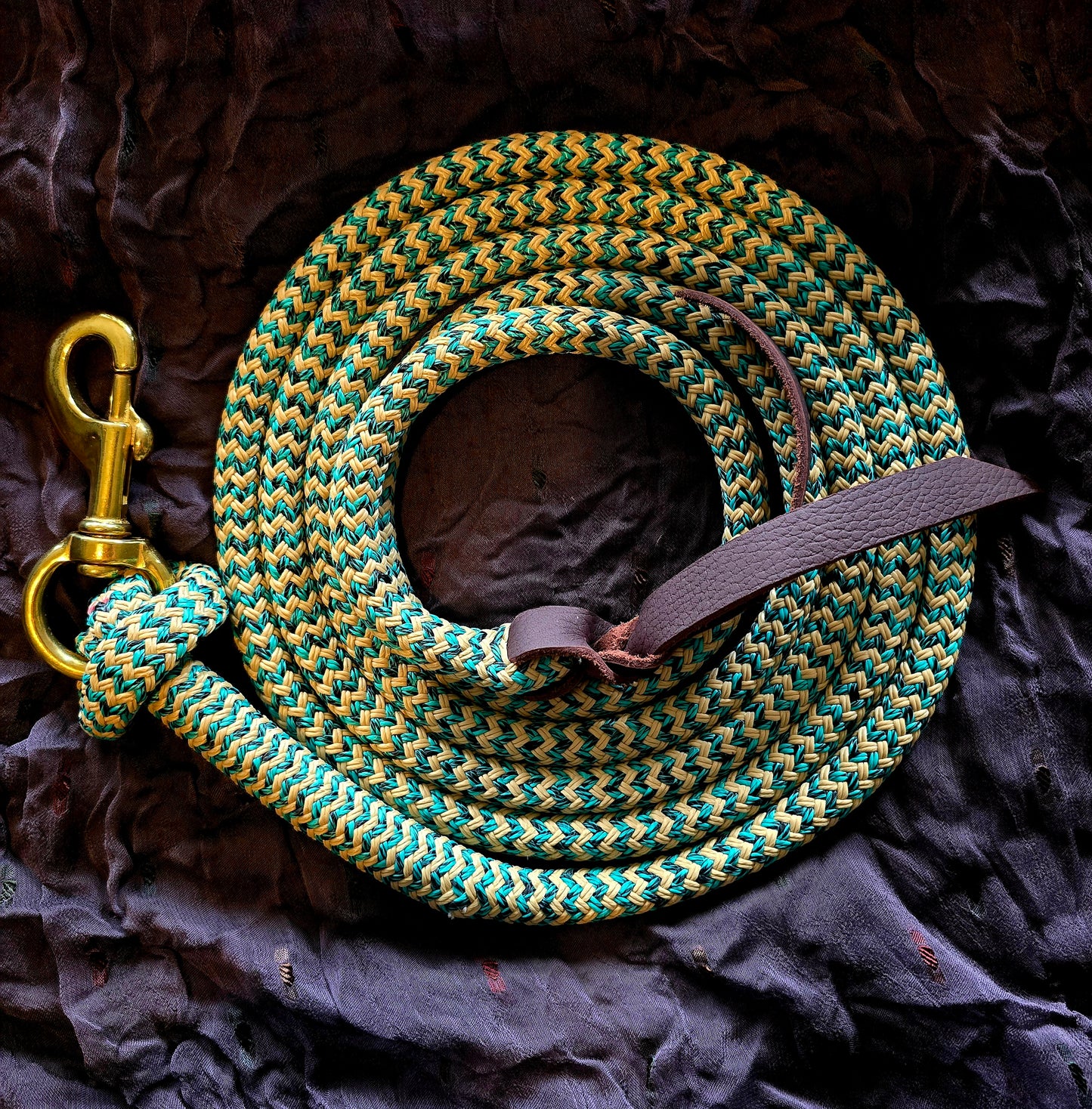 Handcrafted 10' Lead Rope with Leather Popper — Tan, Turquoise & Black