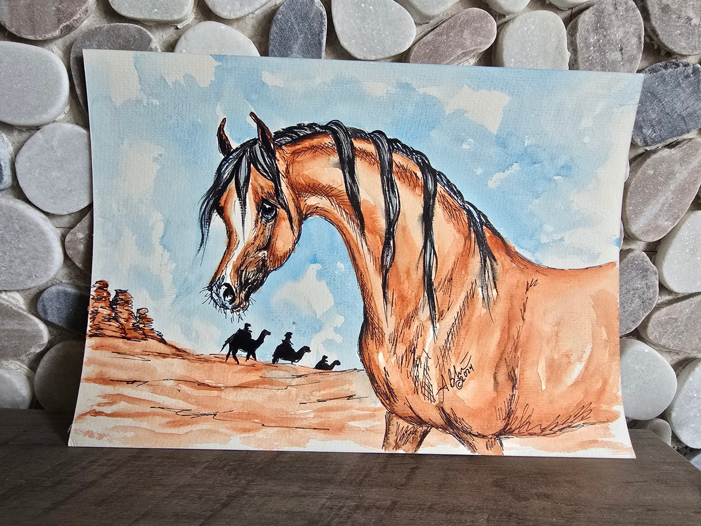 Original Watercolor & Ink — Golden Bay Arabian Horse in Desert Scene, approx. 10x13"