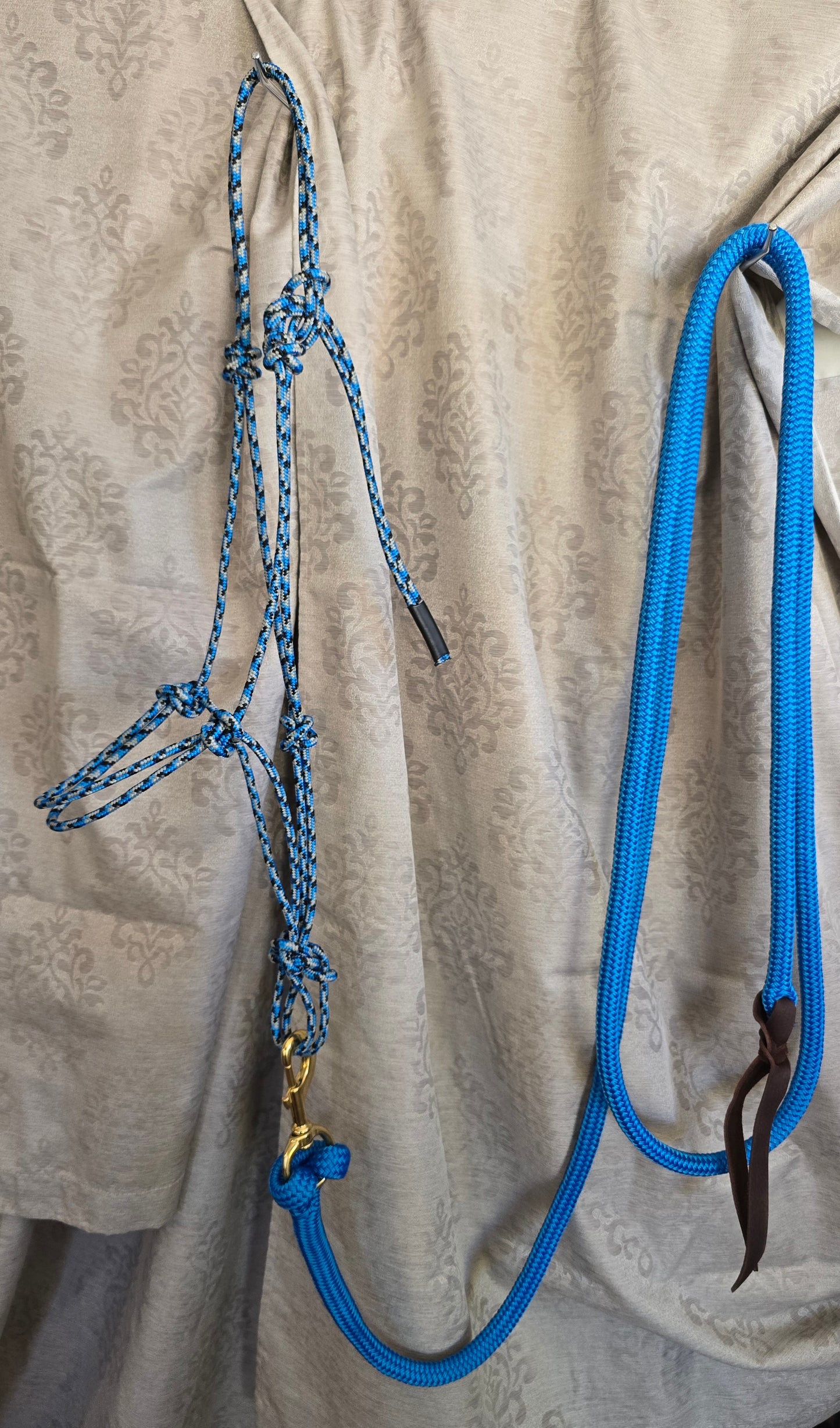 Handmade Arabian Rope Halter & Lead Rope Set — Blue/Black/Grey & Solid Blue, 10' Brass Snap
