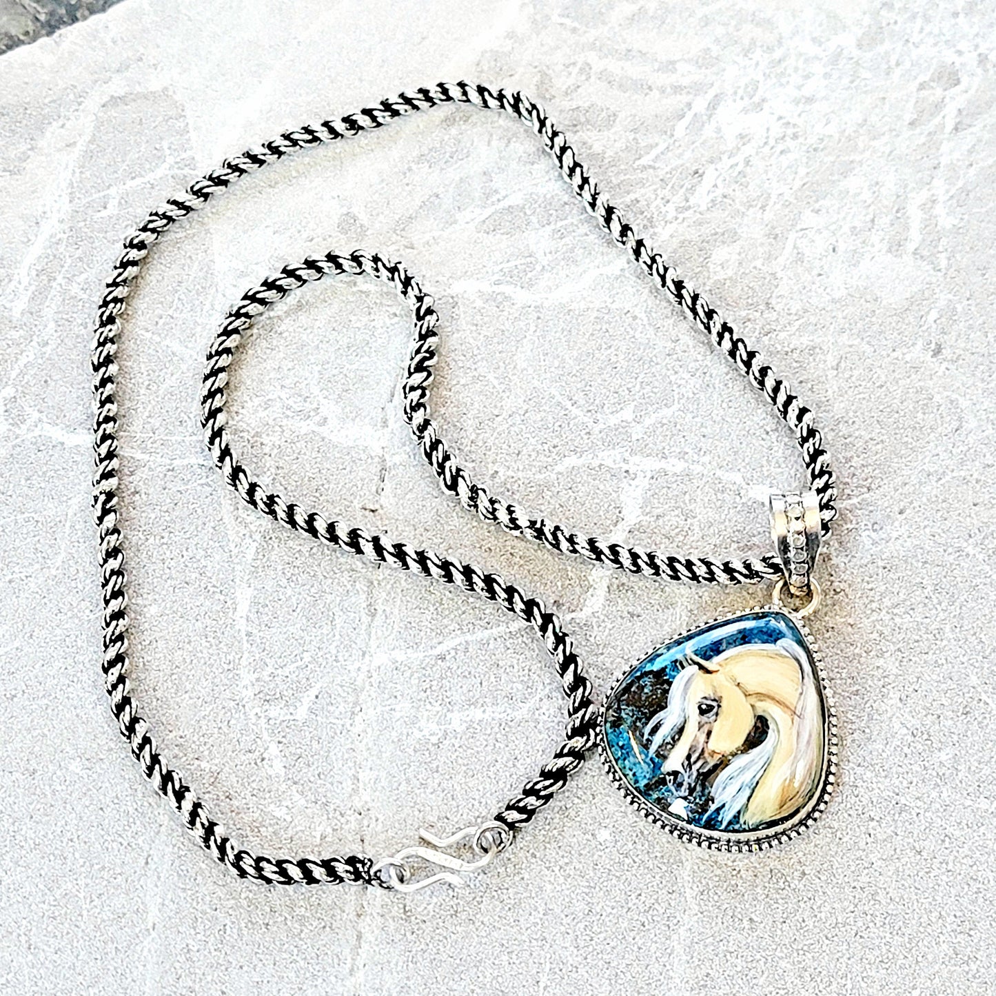Hand Painted Palomino Horse Chrysocolla Sterling Silver Necklace