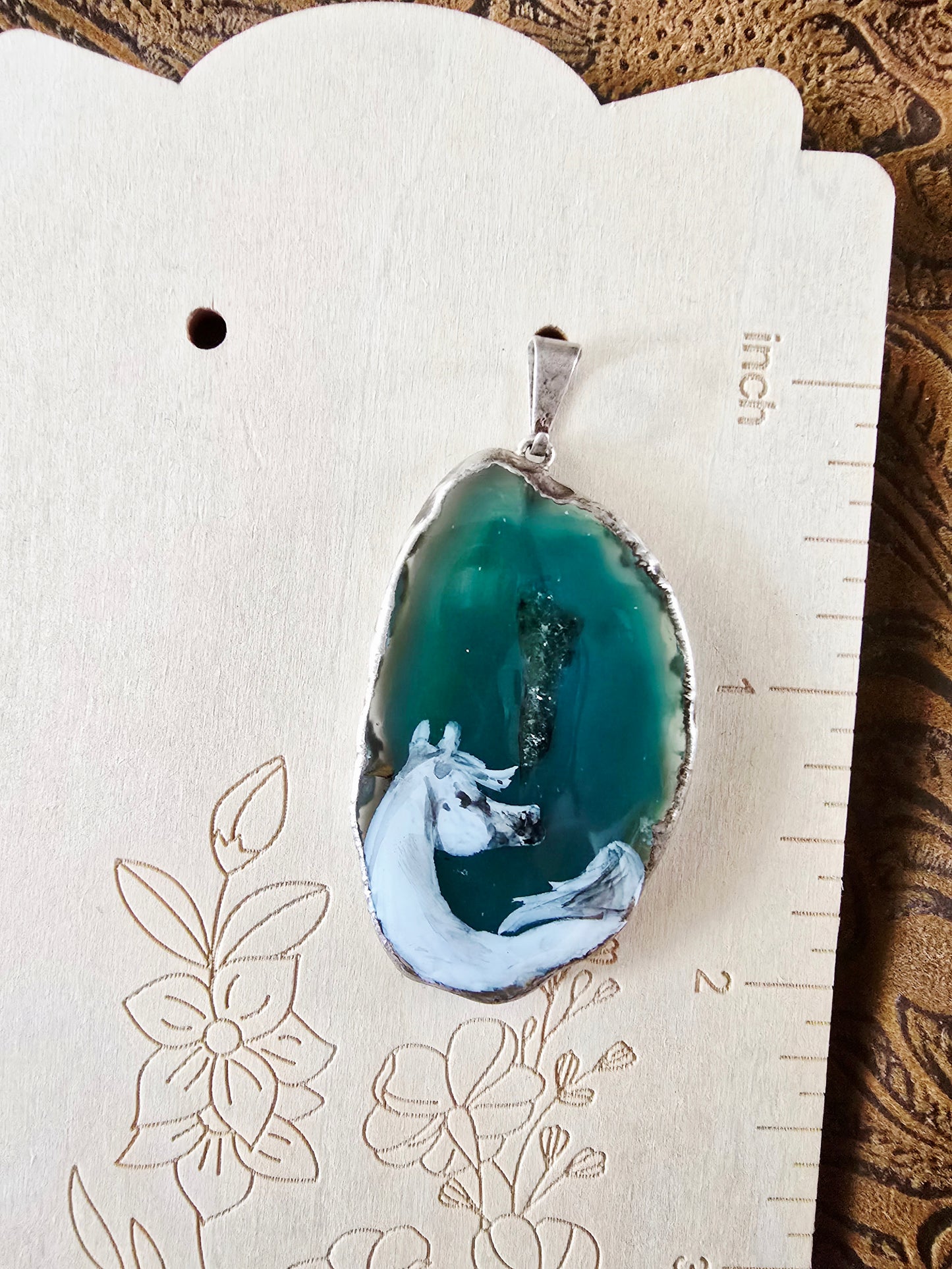 Hand-Painted Arabian Horse Pendant — Teal Dyed Brazilian Agate Slice