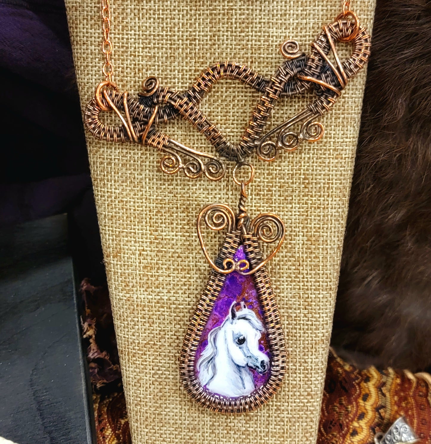 Copper Wire Wrapped Purple Jasper Hand Painted Arabian Horse Necklace