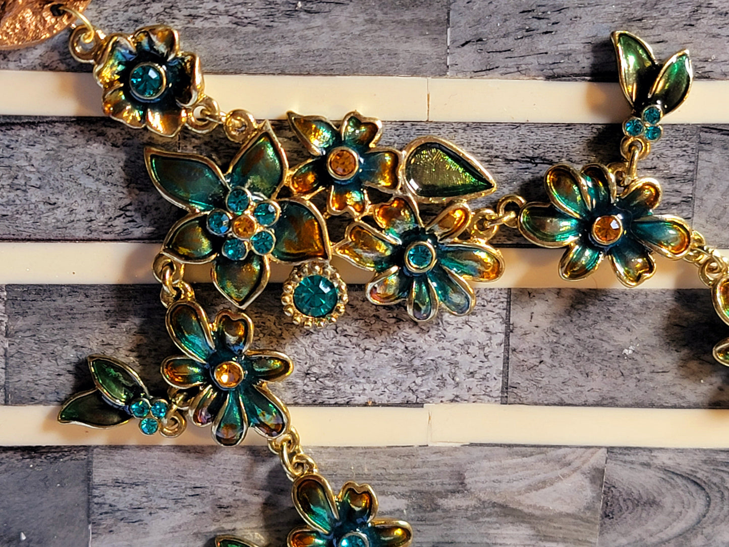 Hunter Jumper Bronze Clay & Teal Enamel Floral Necklace