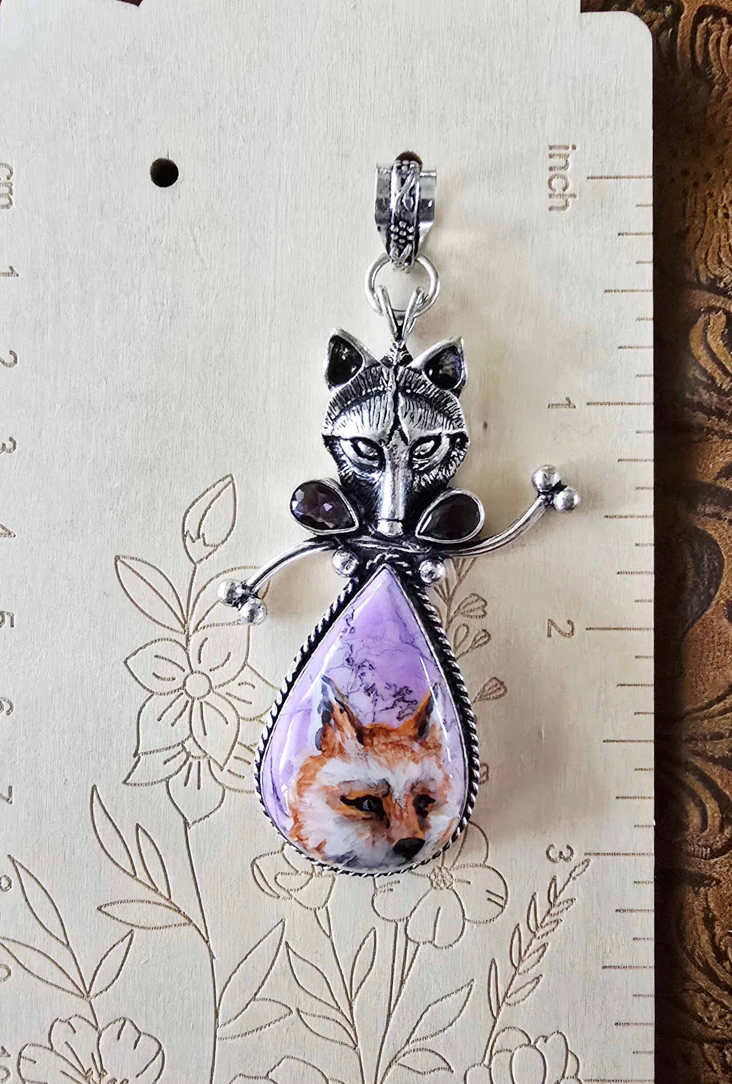 Hand-Painted Fox Portrait Pendant — Lavender Crazy Lace Agate — Fox-on-Fox