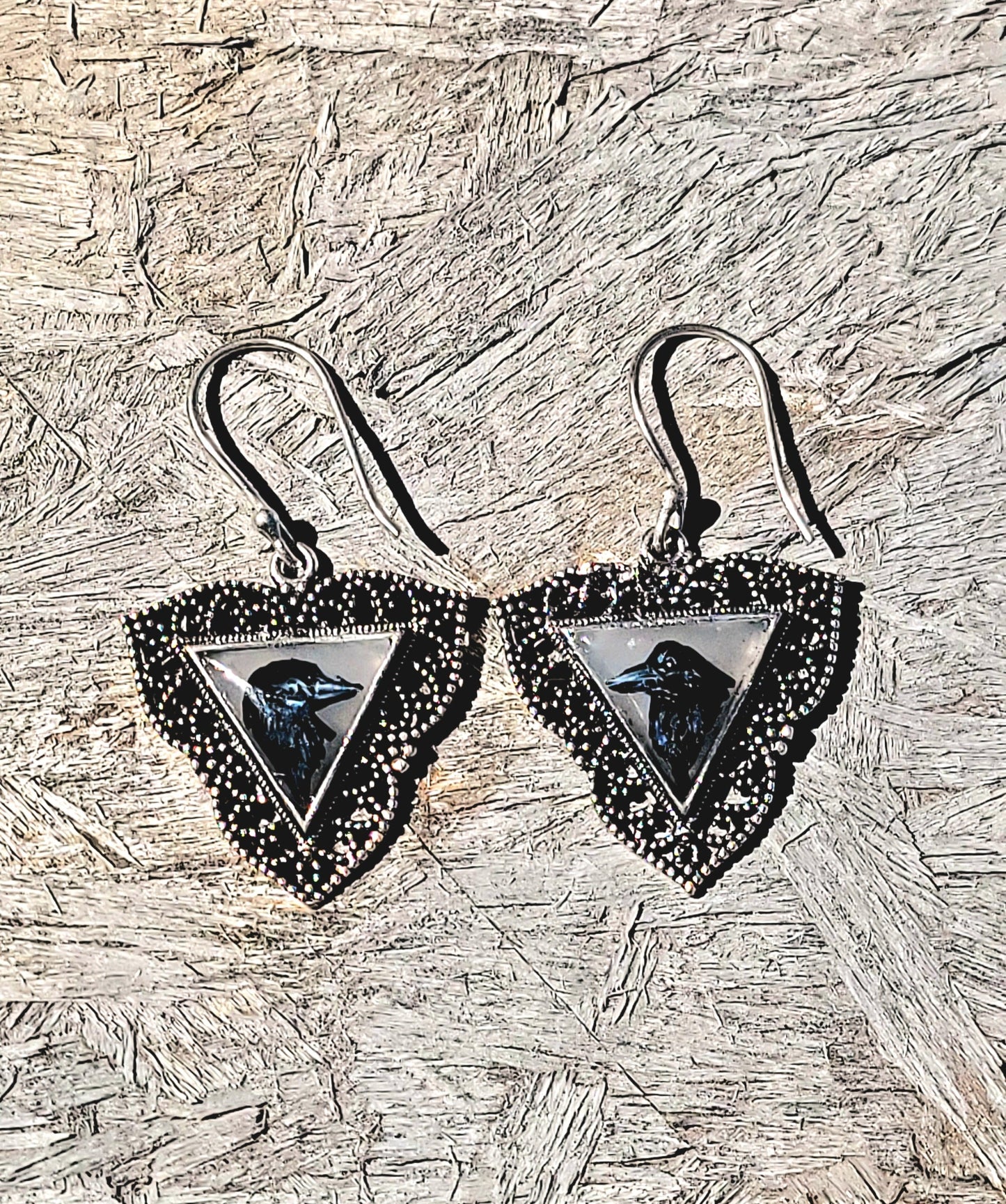 Hand Painted Raven Moonstone Gothic Sterling Silver Earrings