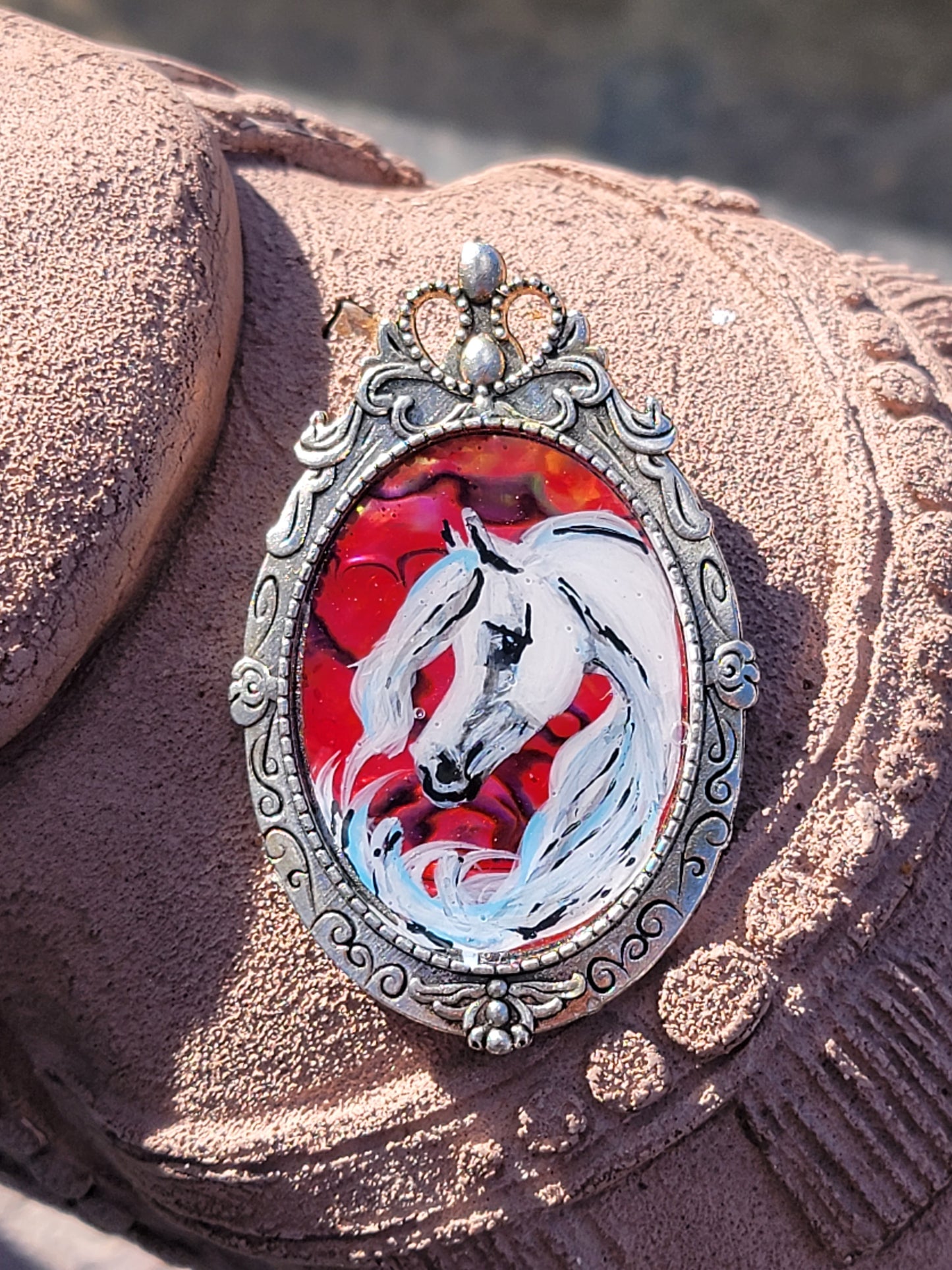 Arabian Horse Hand painted Brooch pendant 2 in 1 combo red abalone