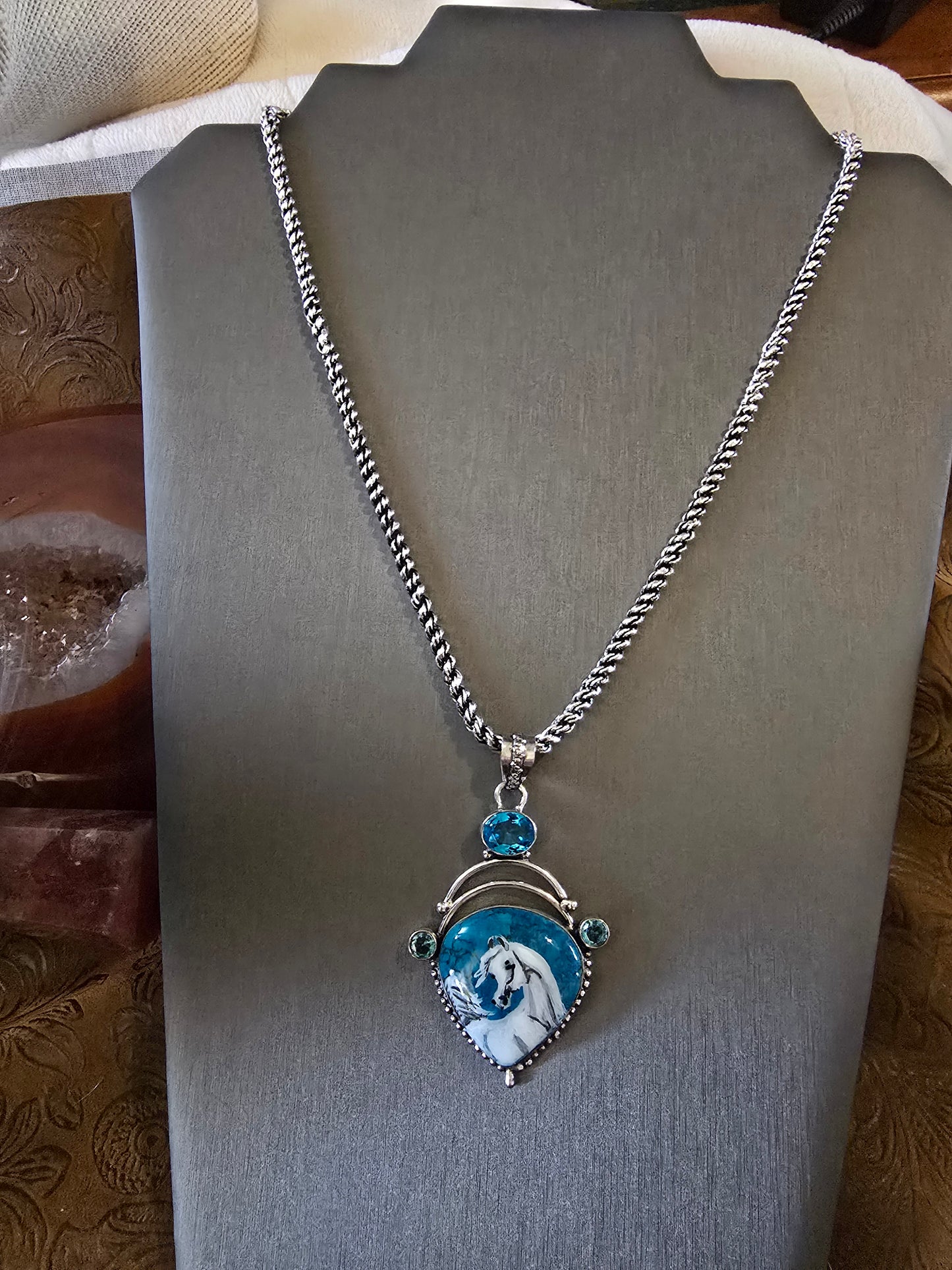 Turquoise and Topaz Sterling Silver Hand Painted Arabian Horse necklace