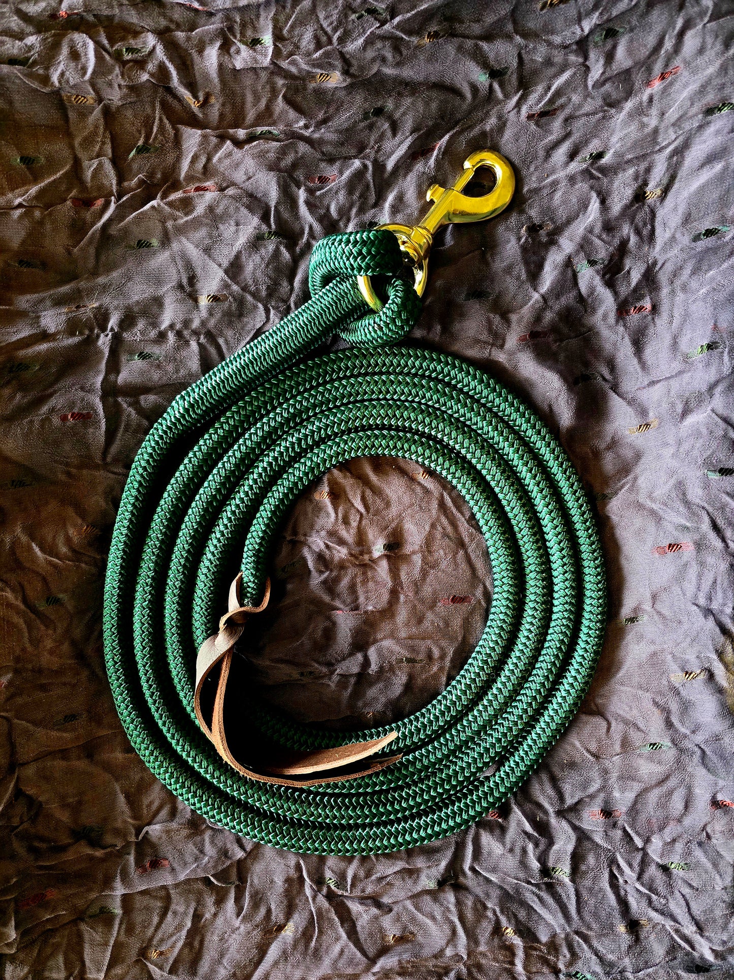 Handcrafted 10' Lead Rope with Leather Popper — Hunter Green