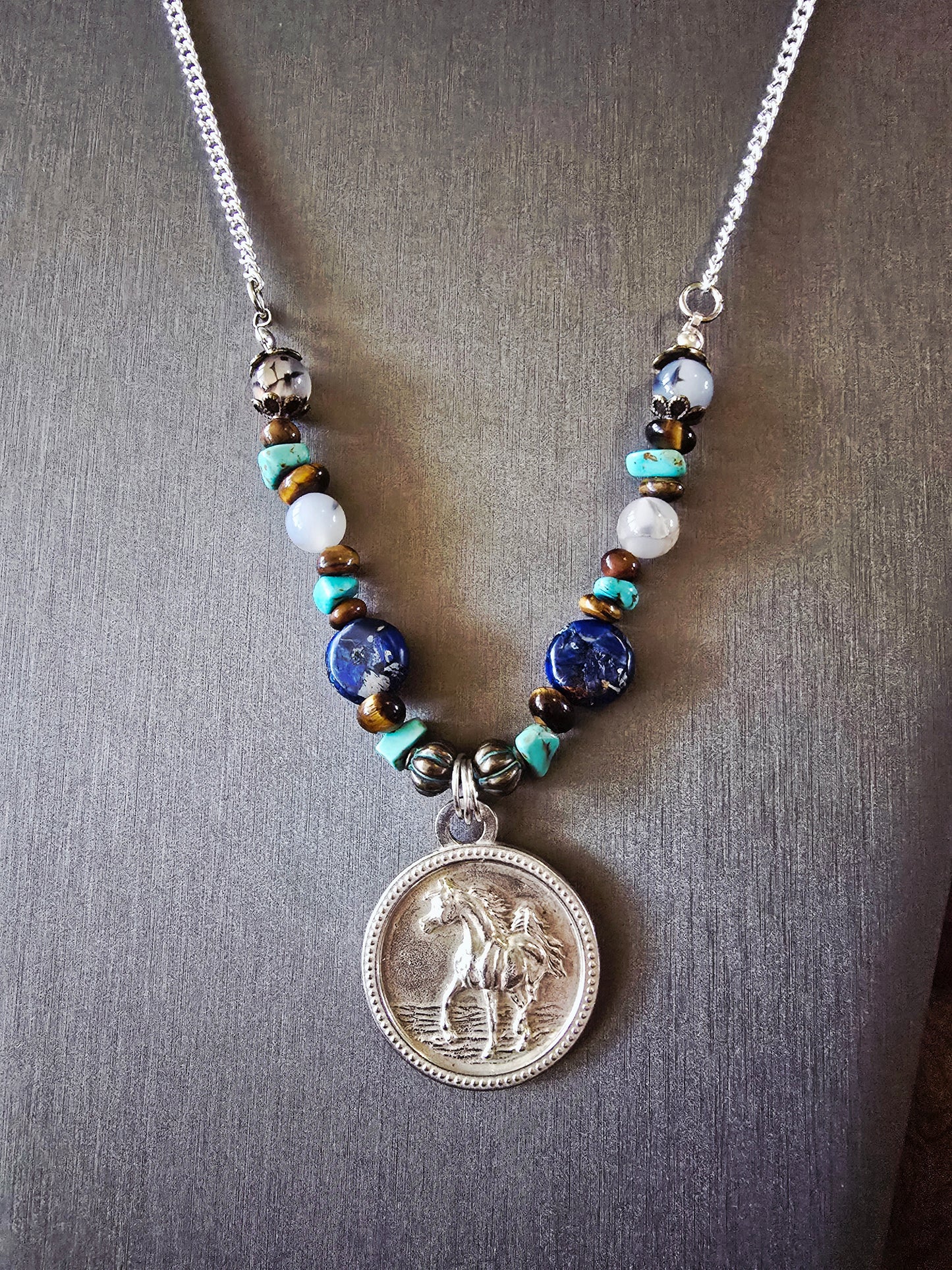 Pewter Arabian Horse Necklace — Jasper, Turquoise, Tiger's Eye & Dendritic Opal Gemstone Beads, 24"