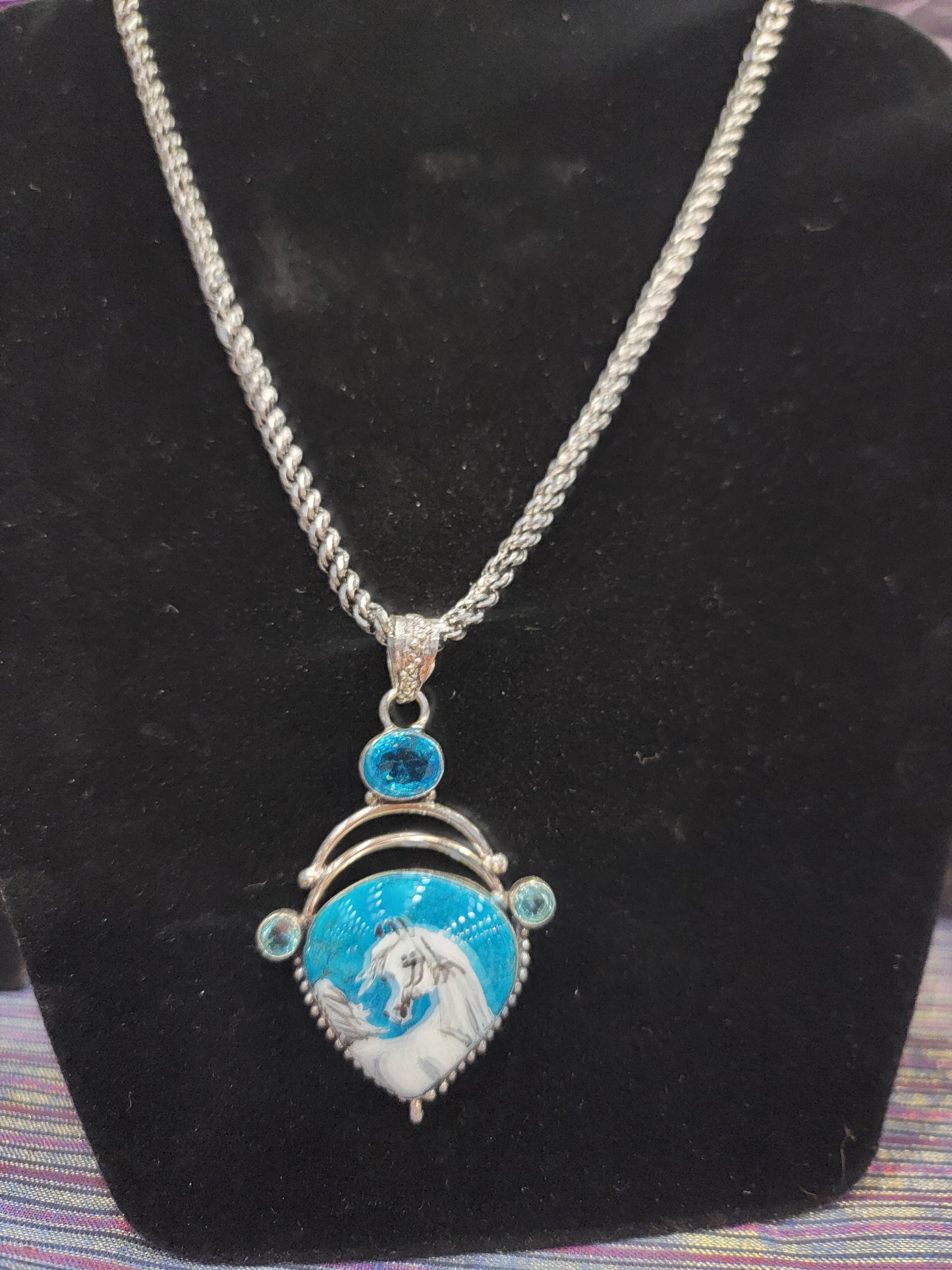 Turquoise and Topaz Sterling Silver Hand Painted Arabian Horse necklace
