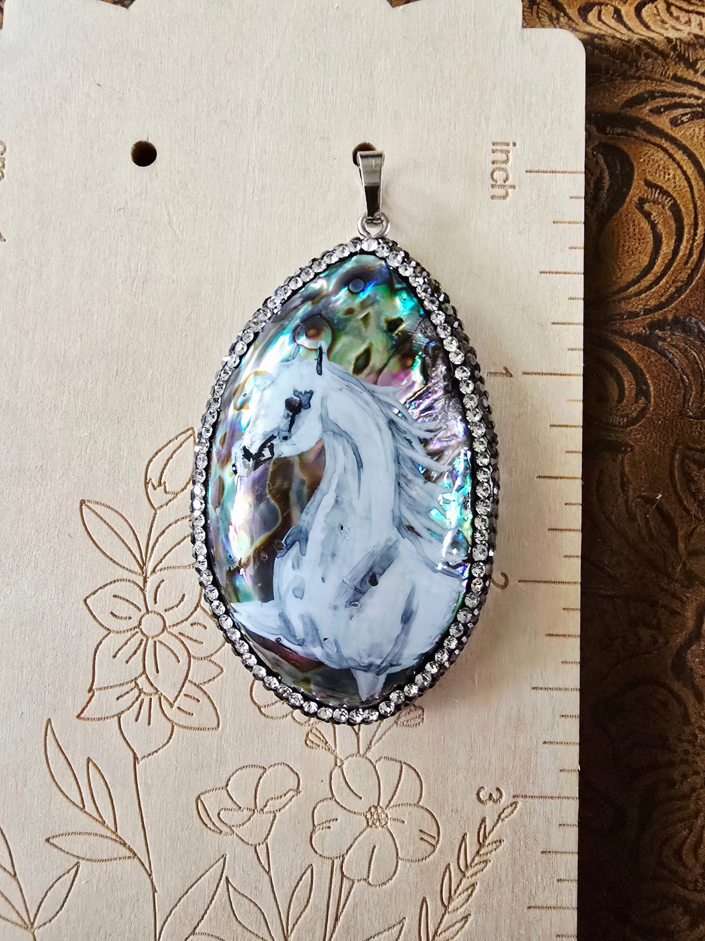 Hand-Painted Arabian Horse Pendant — Natural Abalone Shell with Pave Crystal Bezel