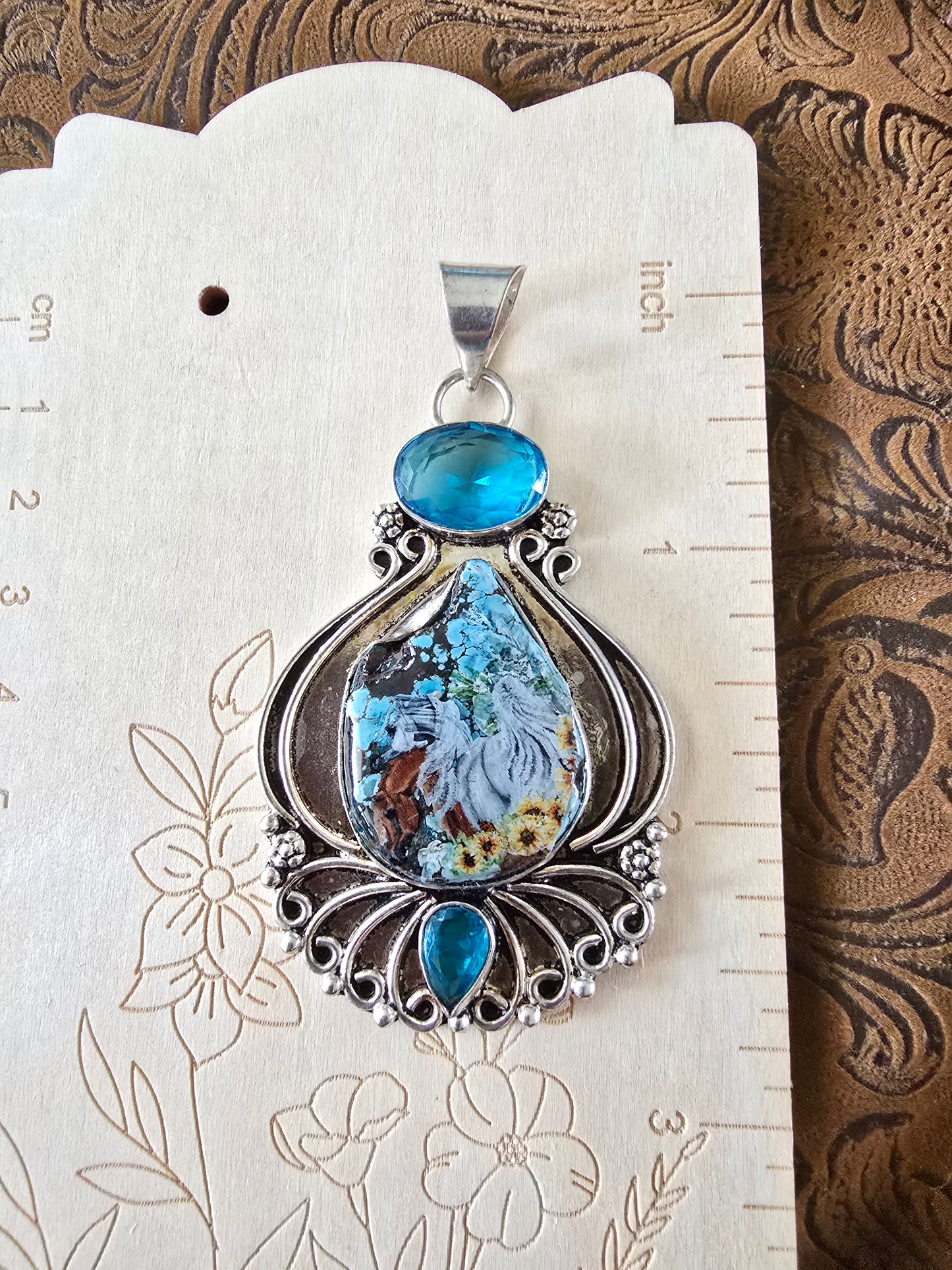 Horse Decal Pendant — Turquoise Matrix Cabochon in Silver Filigree Setting — As-Is