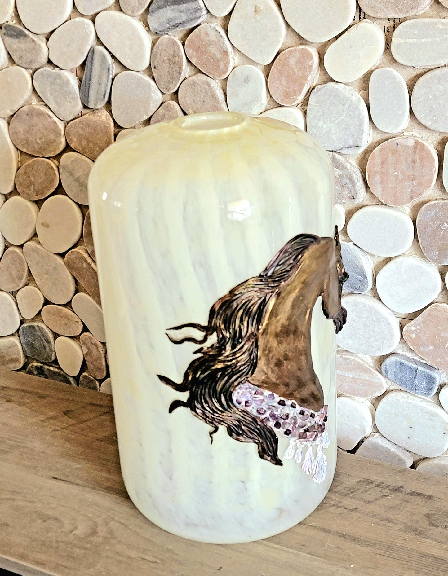 Arabian Horse Epoxy Resin Sculpture on Hand Blown White Swirl Glass Vase — Amethyst Gemstone Breast Collar