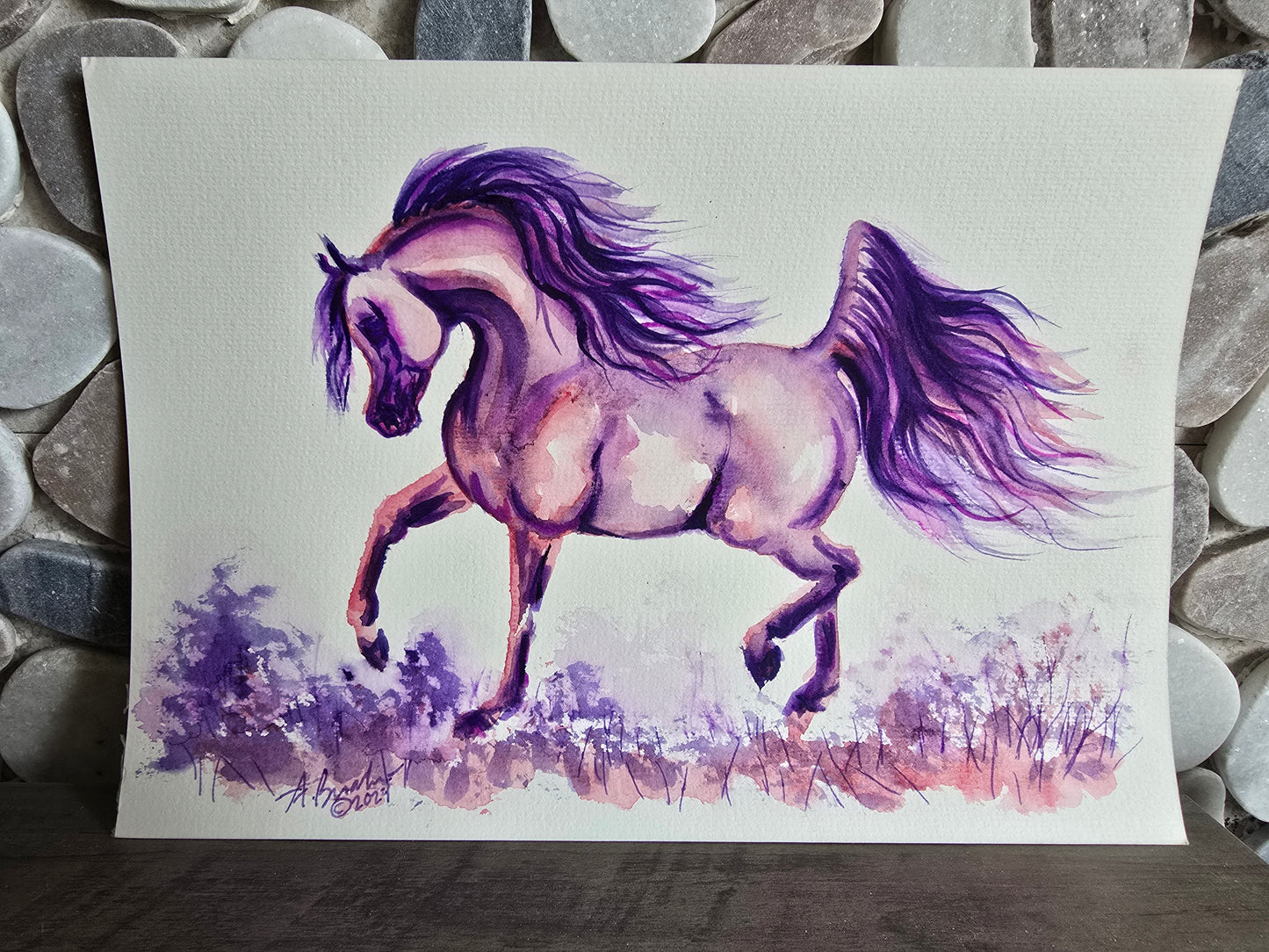 Original Watercolor — Arabian Horse with Purple Mane in Wildflower Meadow, approx. 9x12"