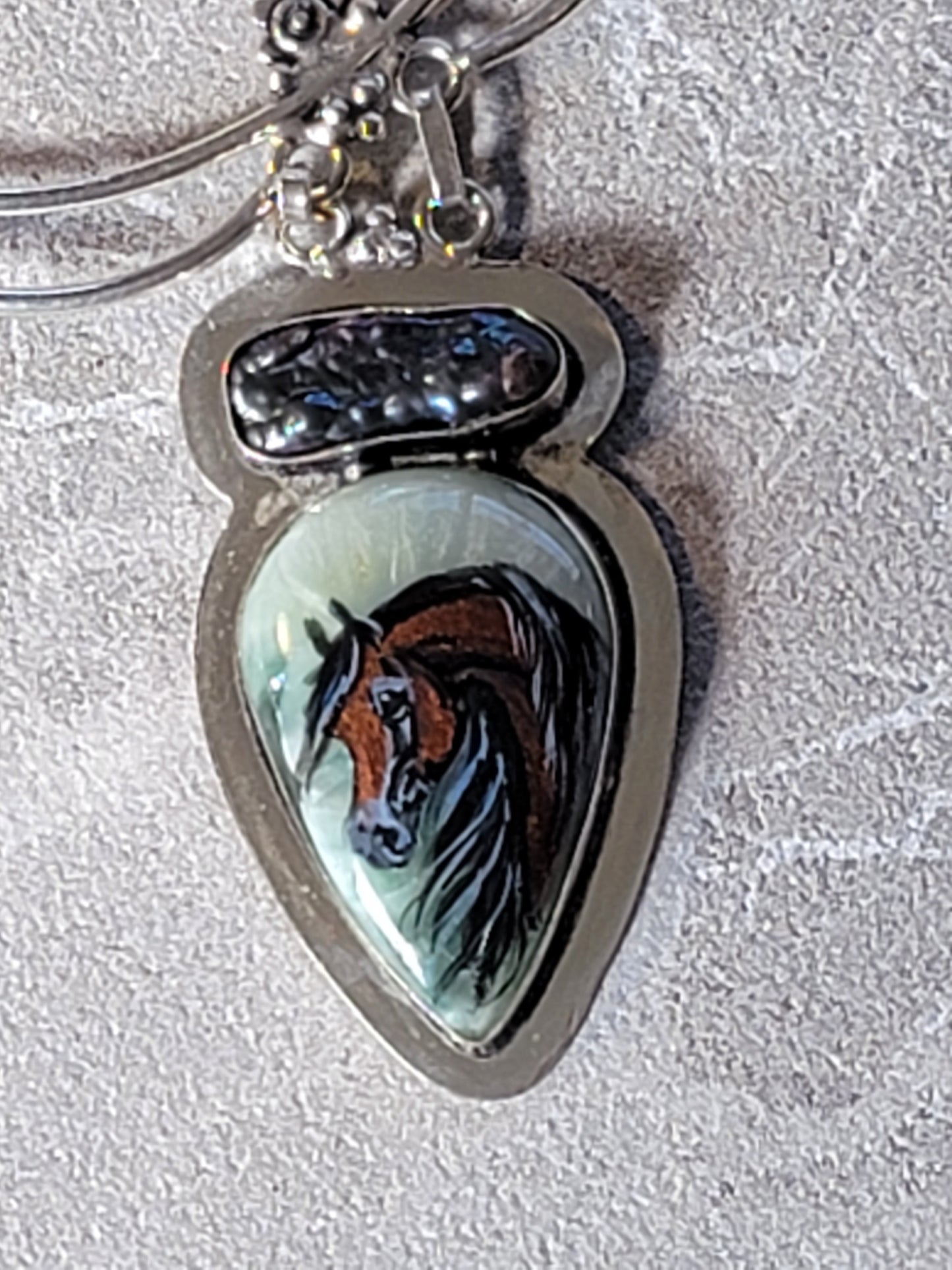 Hand-Painted Bay Horse Gemstone Necklace | Sterling Silver | Adjustable 20"