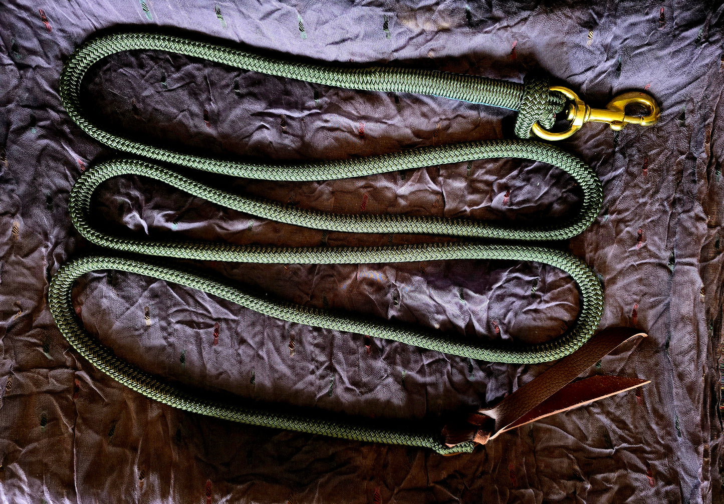 Handcrafted 10' Lead Rope with Leather Popper — Olive Green