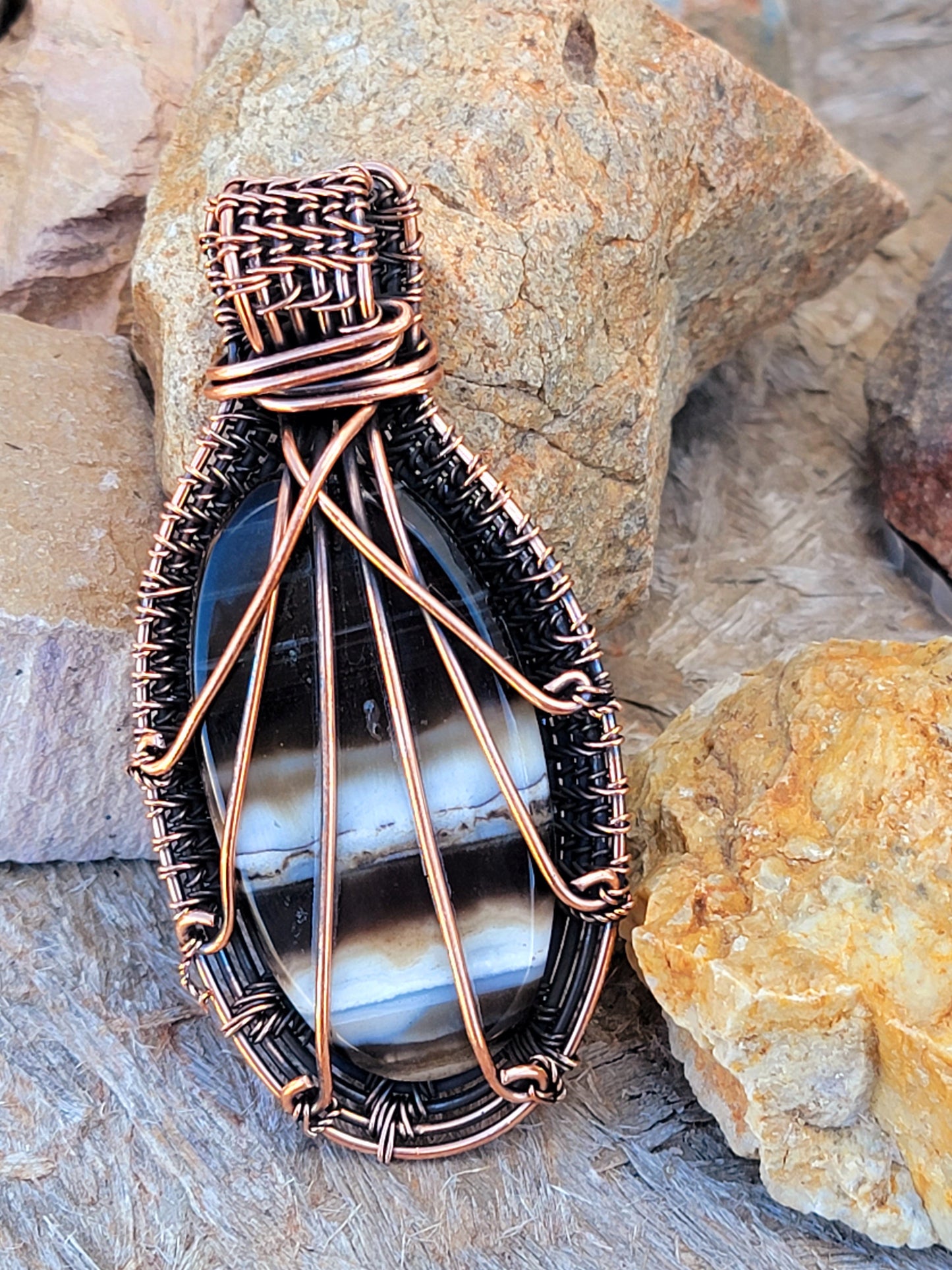 Hand-Painted Moonlit Ocean Copper Wire Wrapped Agate Pendant