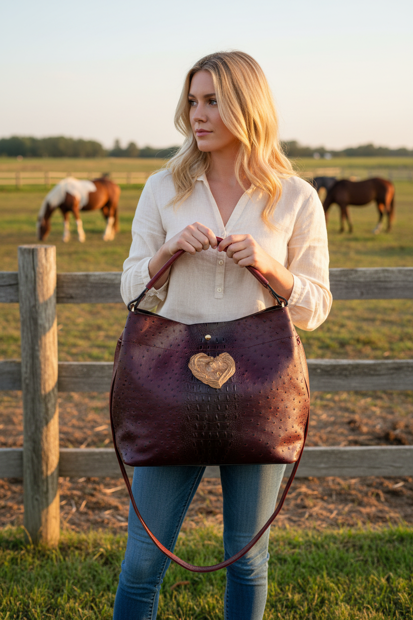 Upcycled Genuine Alligator Leather Large Tote Bag — Arabian Horse Heart Ornament