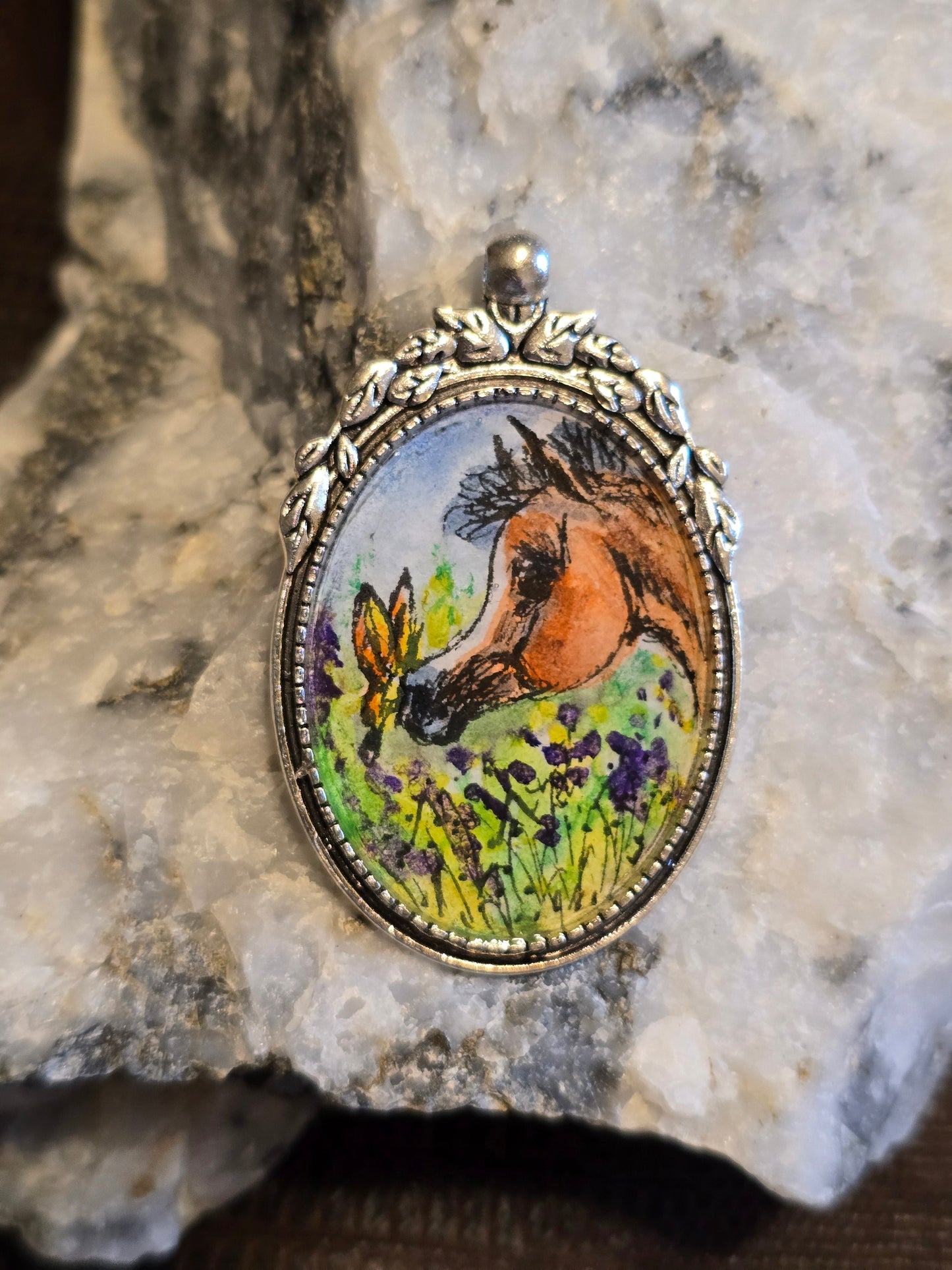 Meadow Magic — Hand-Painted Horse & Butterfly Portrait Pendant, Nickel Silver Setting