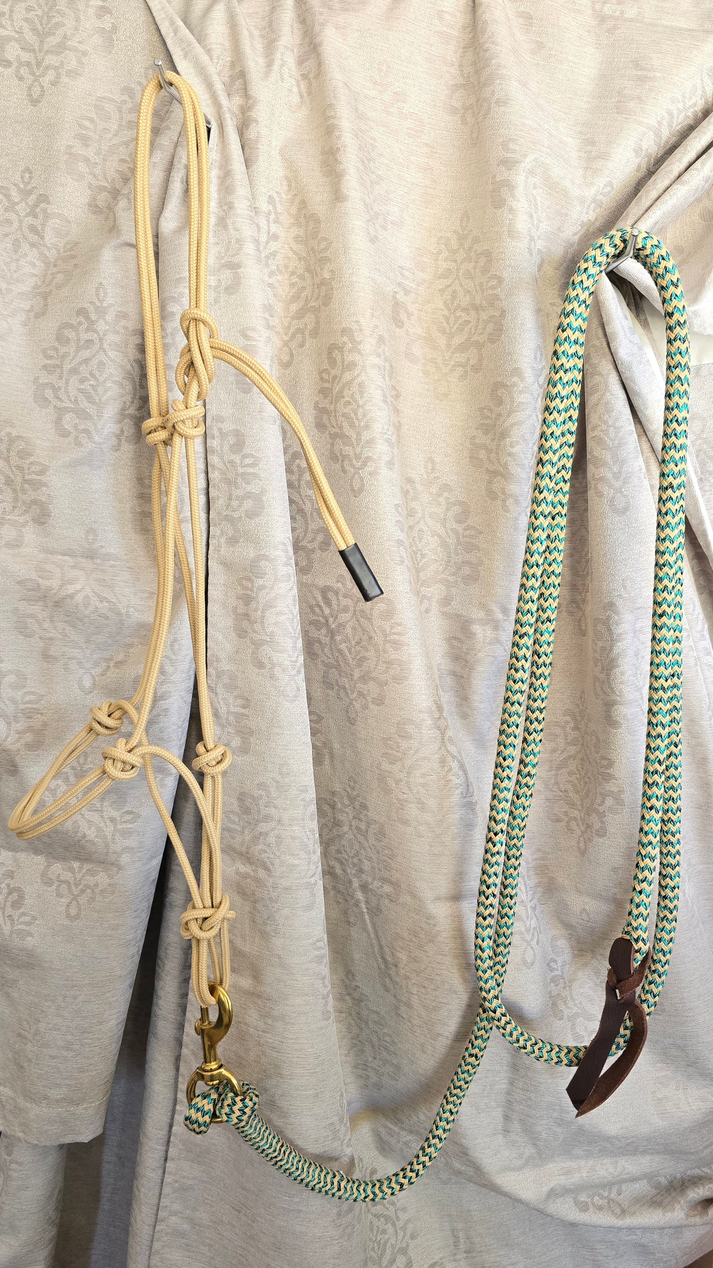 Handmade Arabian Rope Halter & Lead Rope Set — Natural/Teal, 10' Brass Snap