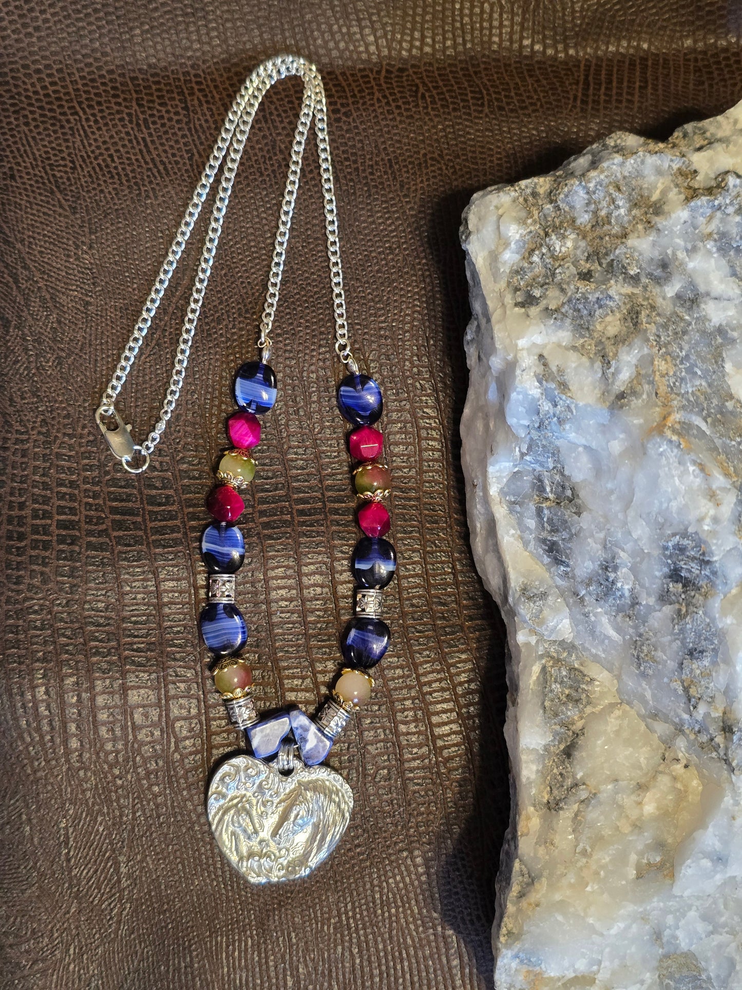 Two Hearts Double Horse Heart Pendant Necklace, Blue Agate, Fuchsia Crystal & Sodalite