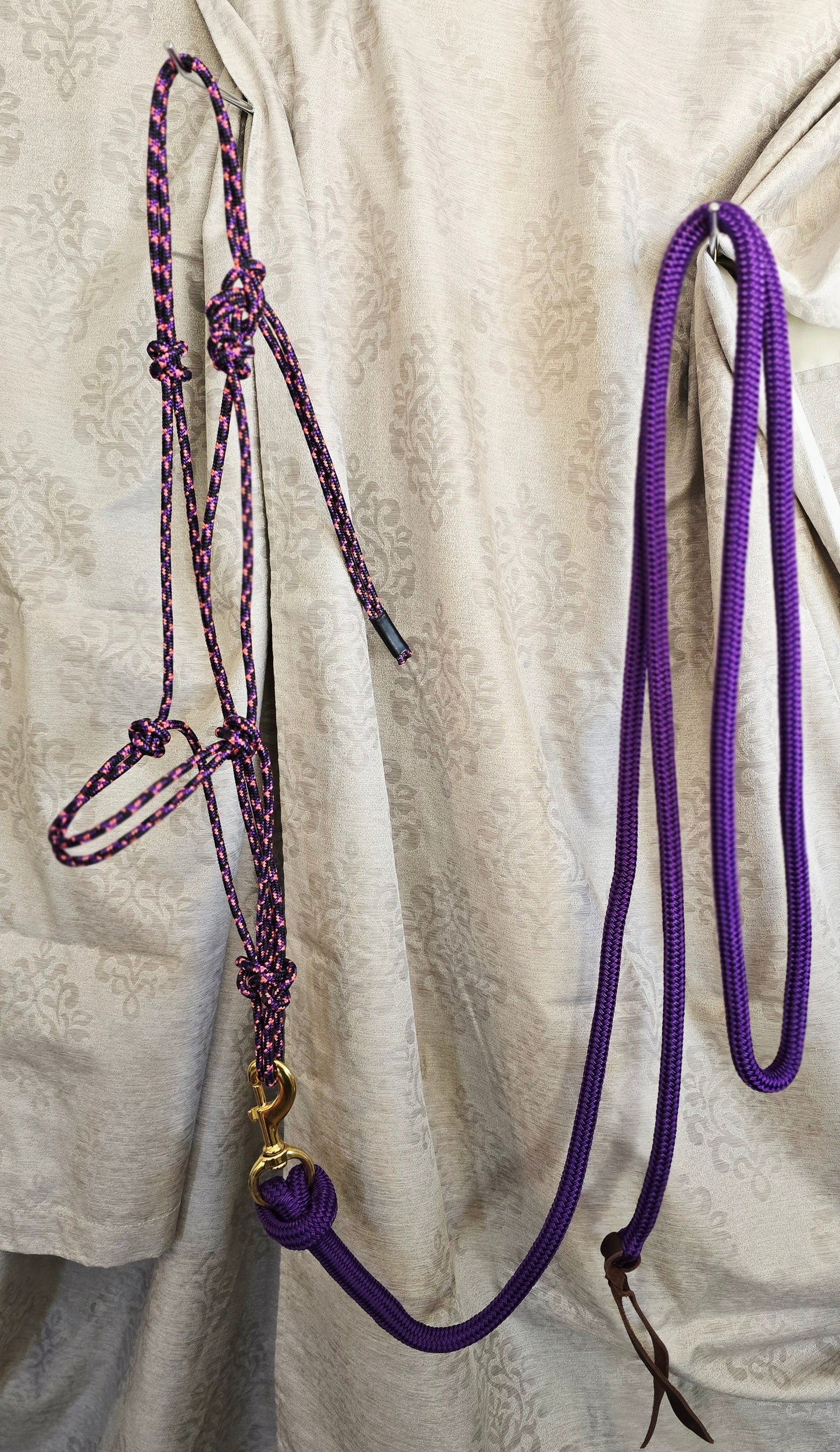 Handmade Arabian Rope Halter & Lead Rope Set — Black/Pink/Purple & Solid Purple, 10' Brass Snap