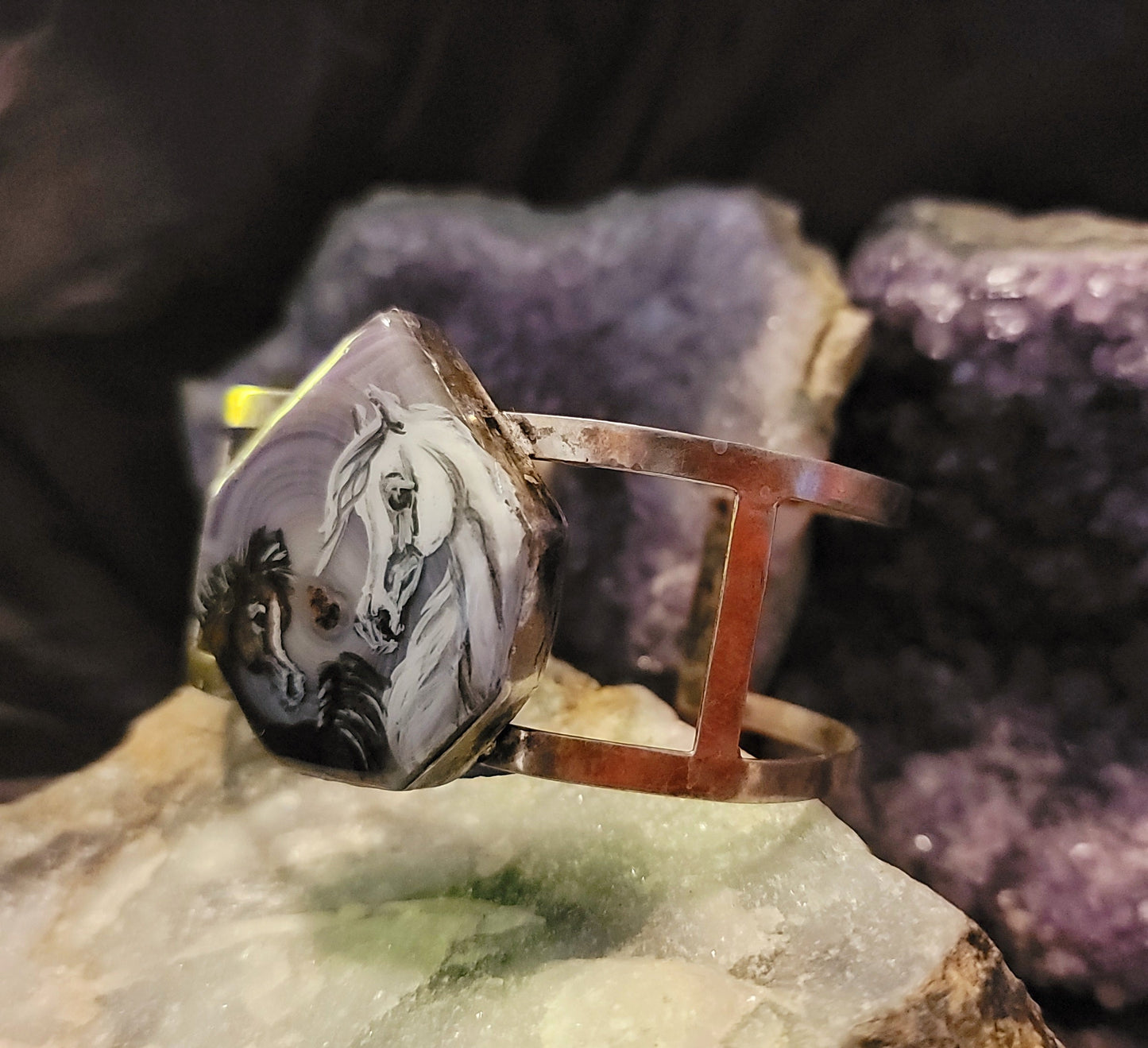 Arabian Mare & Foal Hand-Painted Amethyst sterling silver Cuff Bracelet