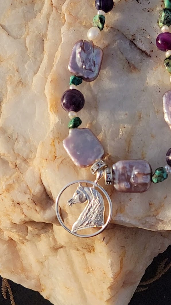 Sterling Silver Arabian Circle pendant with Turquoise and Amethyst Gemstones Adjustable