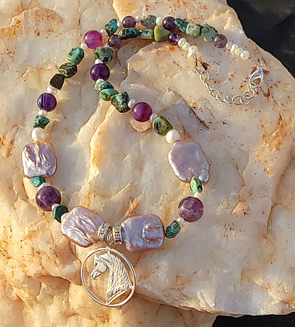 Sterling Silver Arabian Circle pendant with Turquoise and Amethyst Gemstones Adjustable