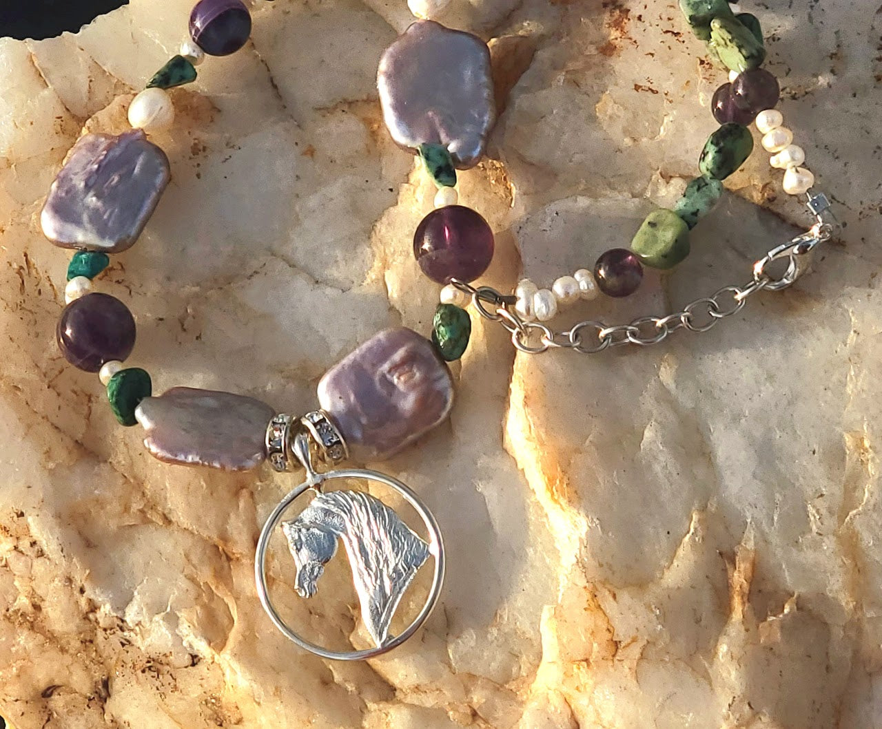 Sterling Silver Arabian Circle pendant with Turquoise and Amethyst Gemstones Adjustable