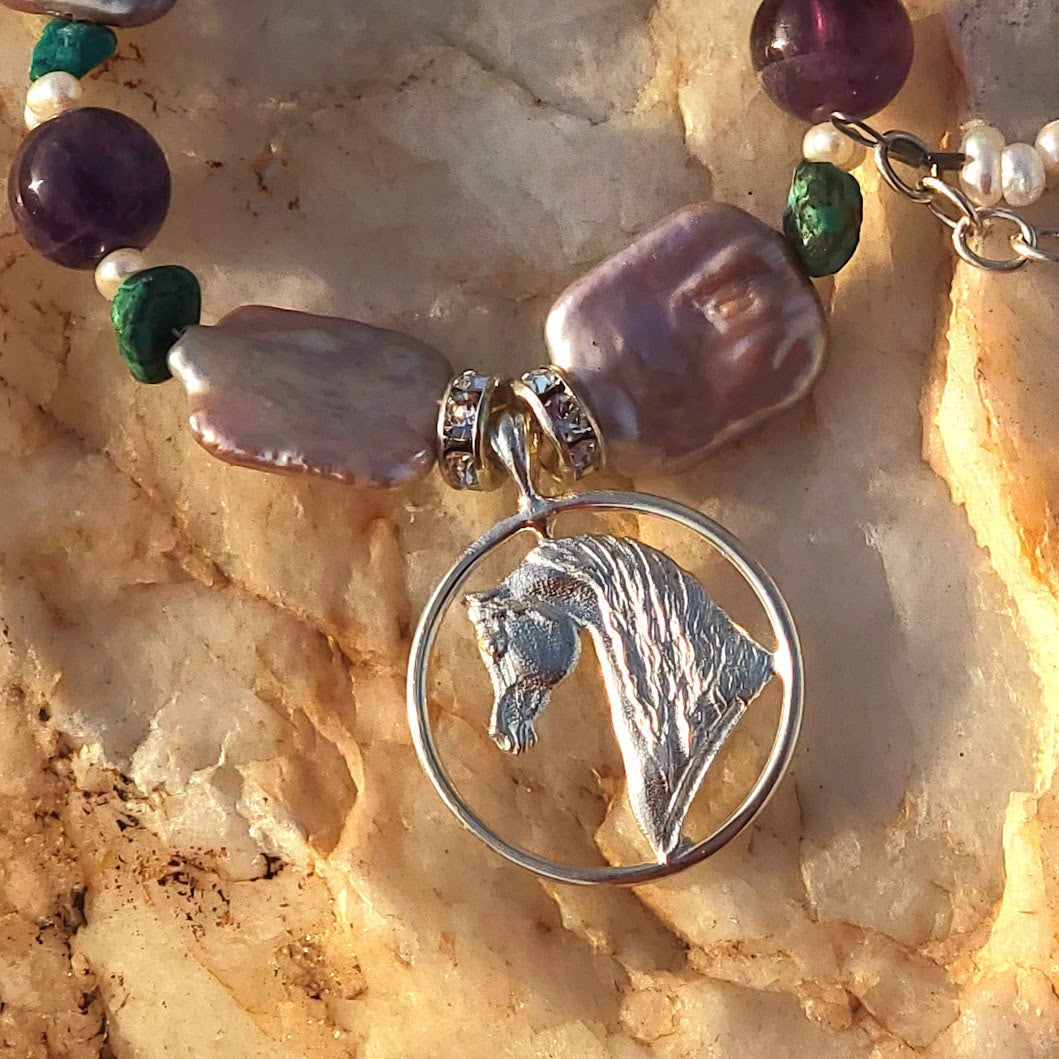 Sterling Silver Arabian Circle pendant with Turquoise and Amethyst Gemstones Adjustable