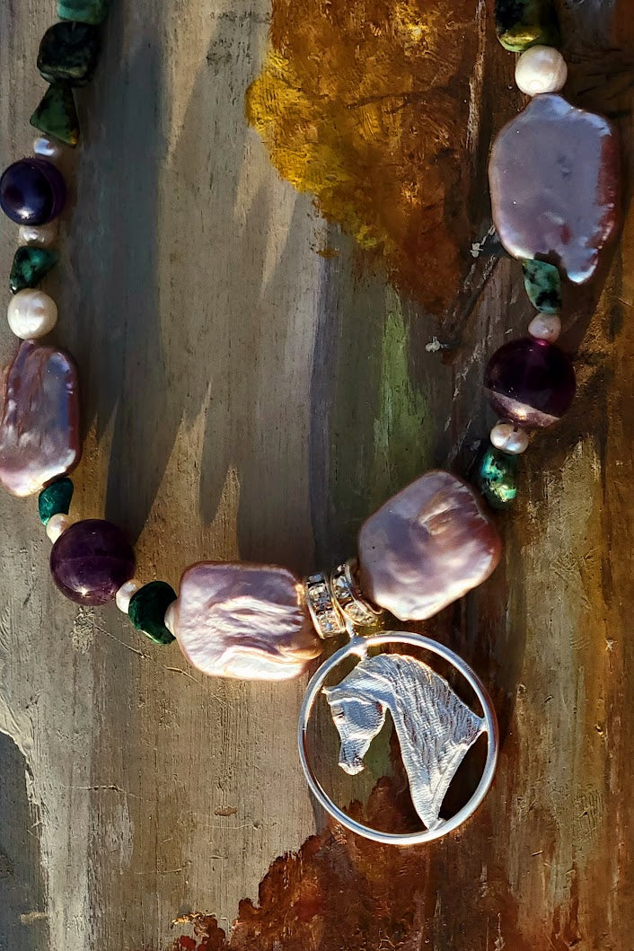 Sterling Silver Arabian Circle pendant with Turquoise and Amethyst Gemstones Adjustable