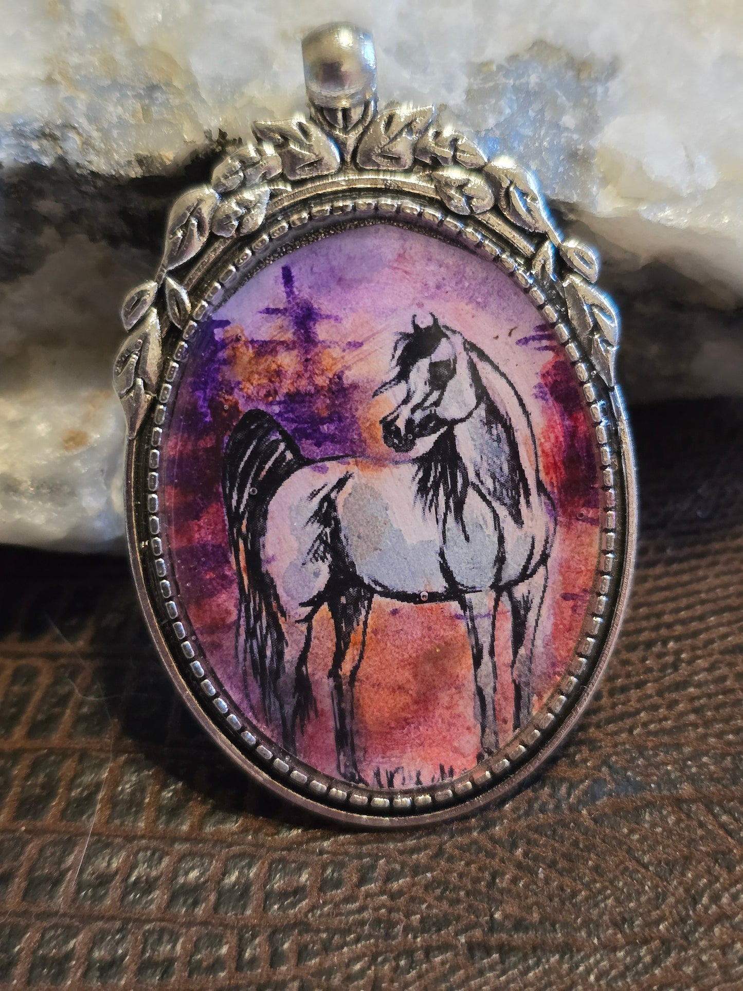 Desert Sunset Hand-Painted Arabian Horse Portrait Pendant, Nickel Silver Setting