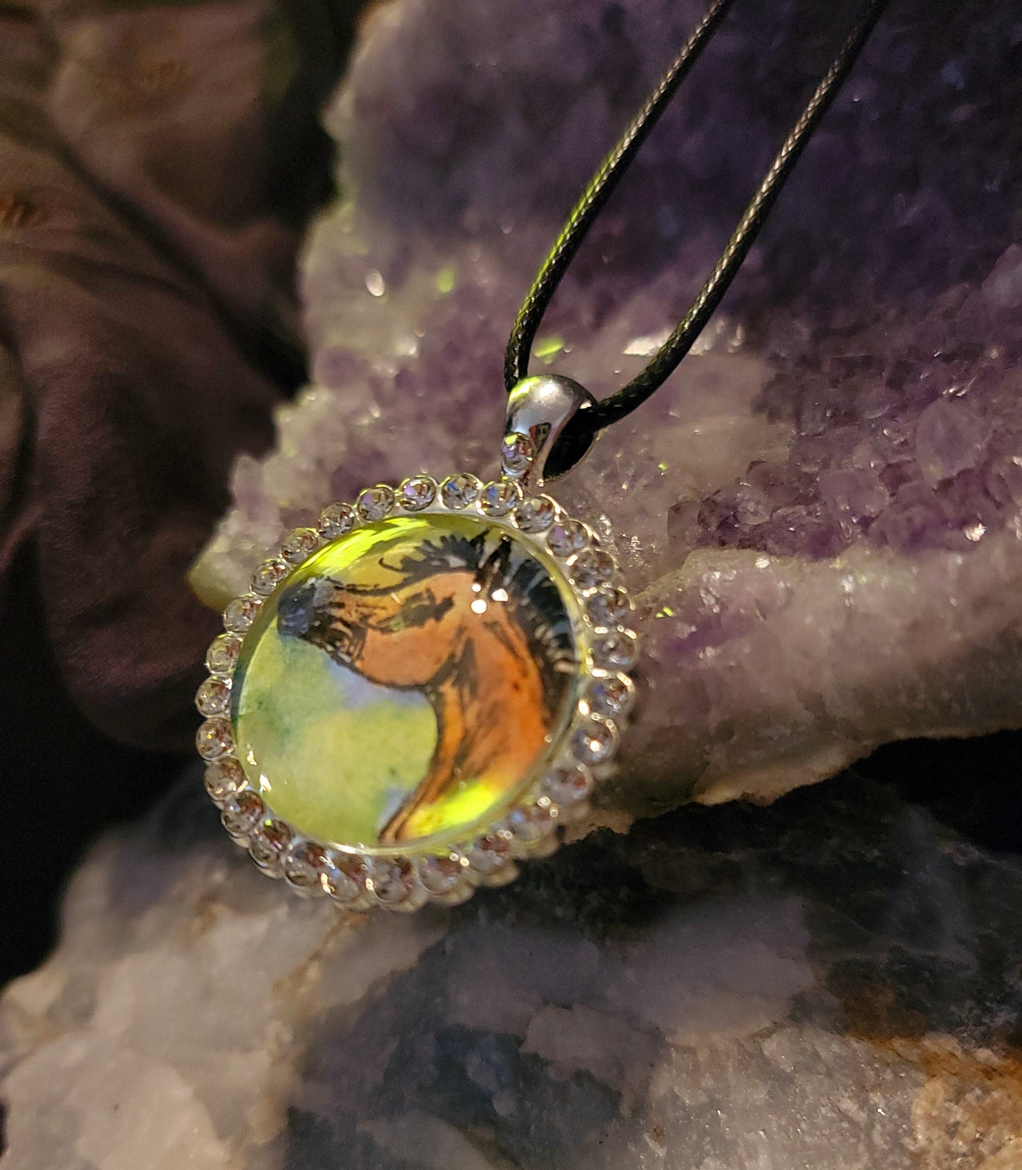 Original Watercolor painting Foal Portrait Pendant – Silver-Plated Rhinestone Bezel