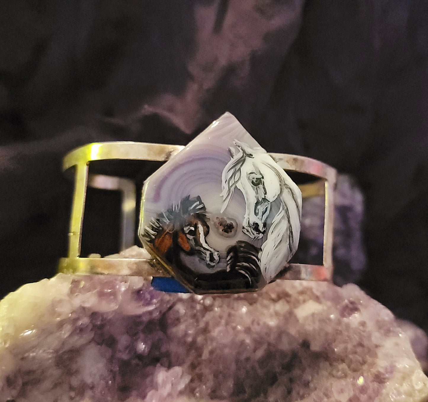 Arabian Mare & Foal Hand-Painted Amethyst sterling silver Cuff Bracelet