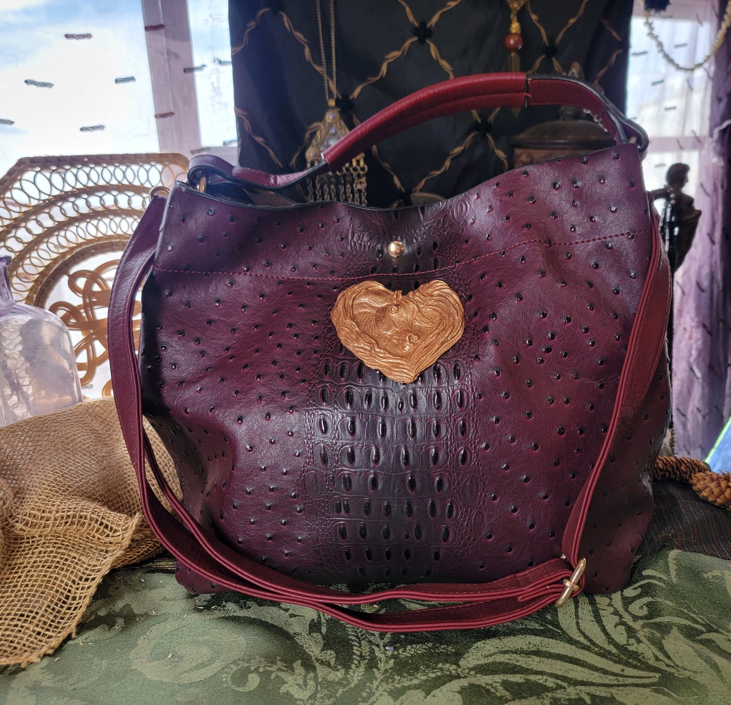 Upcycled Genuine Alligator Leather Large Tote Bag — Arabian Horse Heart Ornament