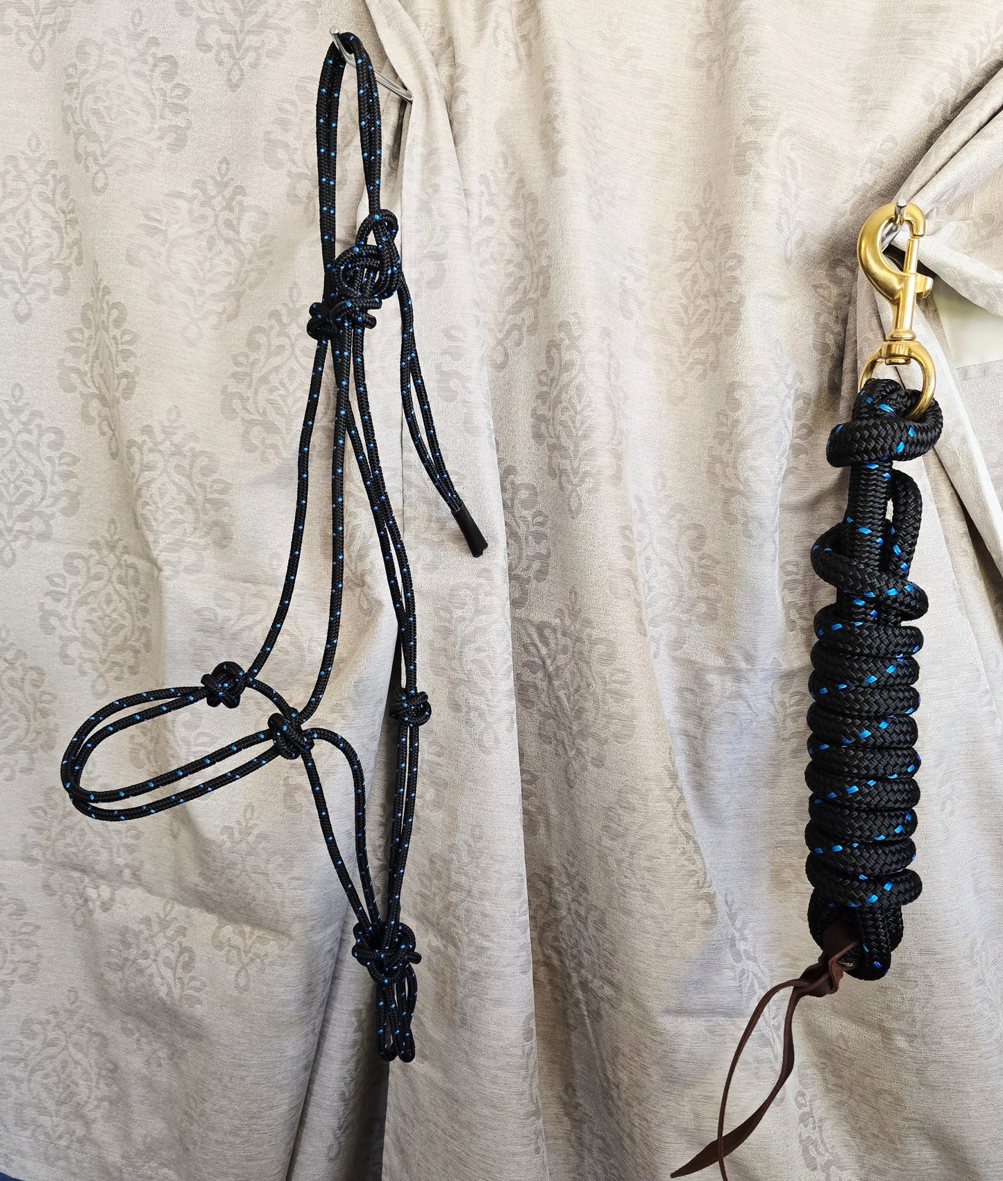 Starry Night — Handmade Arabian Rope Halter & Lead Rope Set, Black with Light Blue Speckle