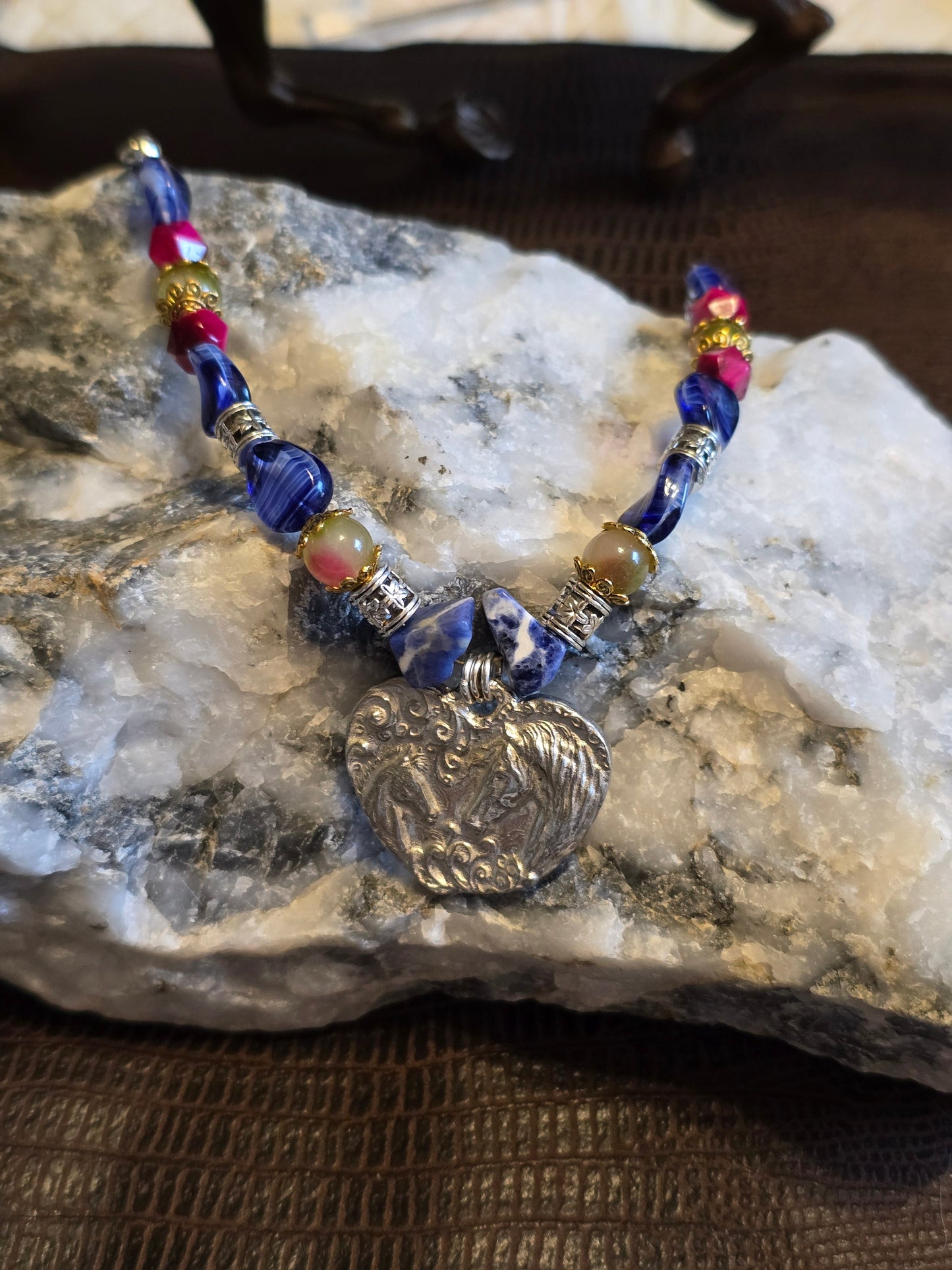 Two Hearts Double Horse Heart Pendant Necklace, Blue Agate, Fuchsia Crystal & Sodalite