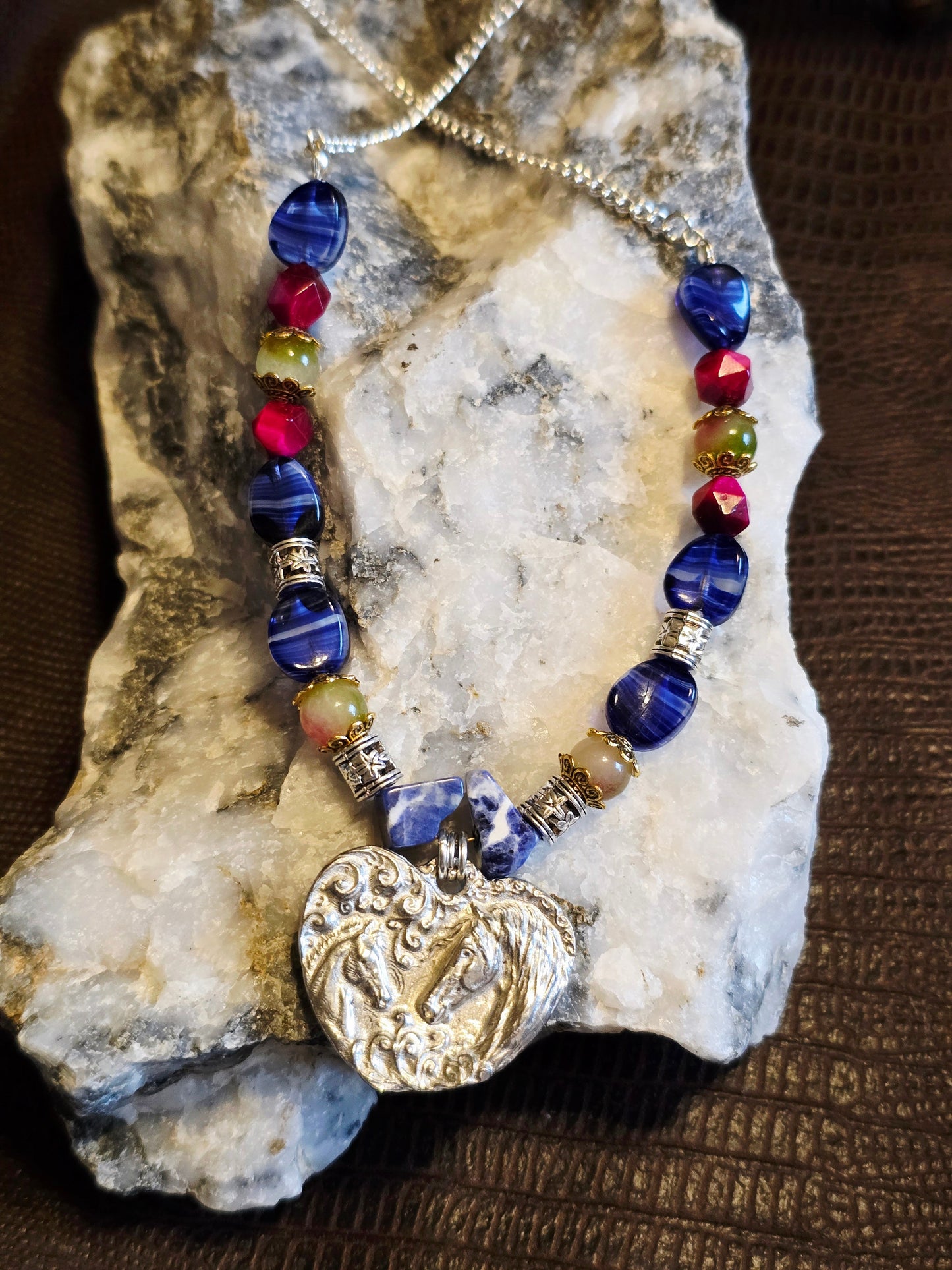 Two Hearts Double Horse Heart Pendant Necklace, Blue Agate, Fuchsia Crystal & Sodalite