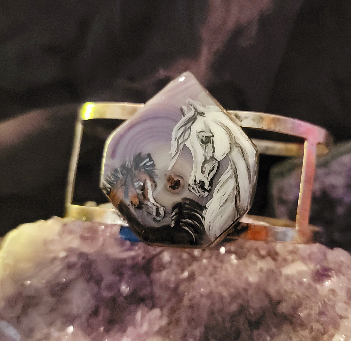Arabian Mare & Foal Hand-Painted Amethyst sterling silver Cuff Bracelet