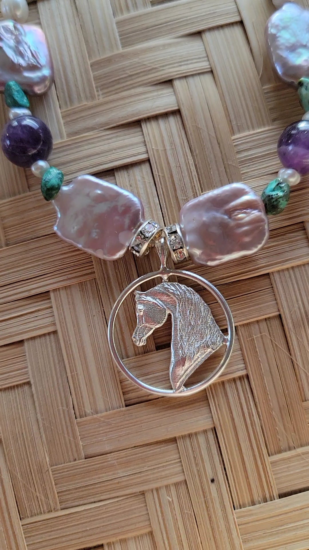 Sterling Silver Arabian Circle pendant with Turquoise and Amethyst Gemstones Adjustable